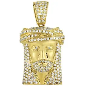 10K Yellow Solid Gold Mens Diamond Small Jesus Head Pendant 2.00 Ctw