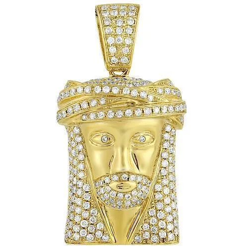 10K Yellow Solid Gold Mens Diamond Small Jesus Head Pendant 2.00 Ctw