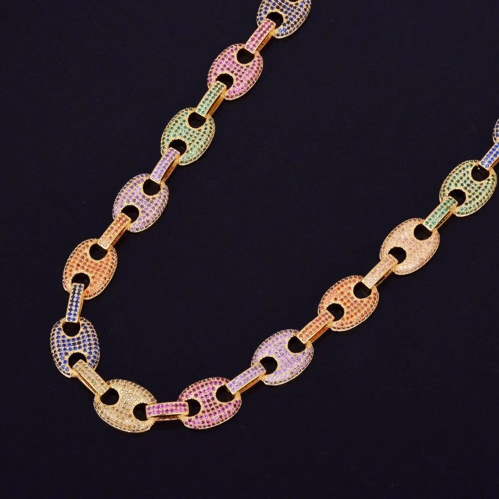 12MM Mixed Color Cubic Zircon Cuban Link Necklace 18 K Copper 18"