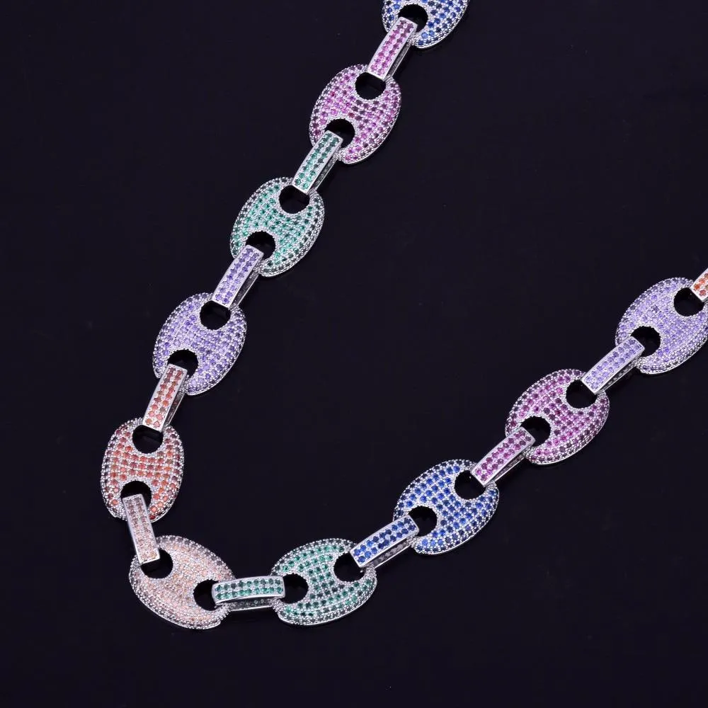 12MM Mixed Color Cubic Zircon Cuban Link Necklace 18 K Copper 18"