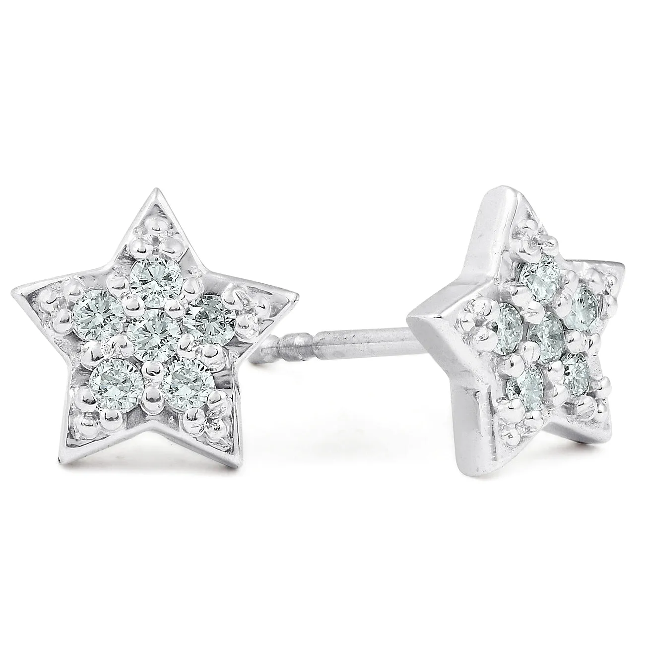 14K White Gold Diamond Pave Petite Star Studs Dainty High Polished 6.5MM