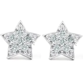 14K White Gold Diamond Pave Petite Star Studs Dainty High Polished 6.5MM