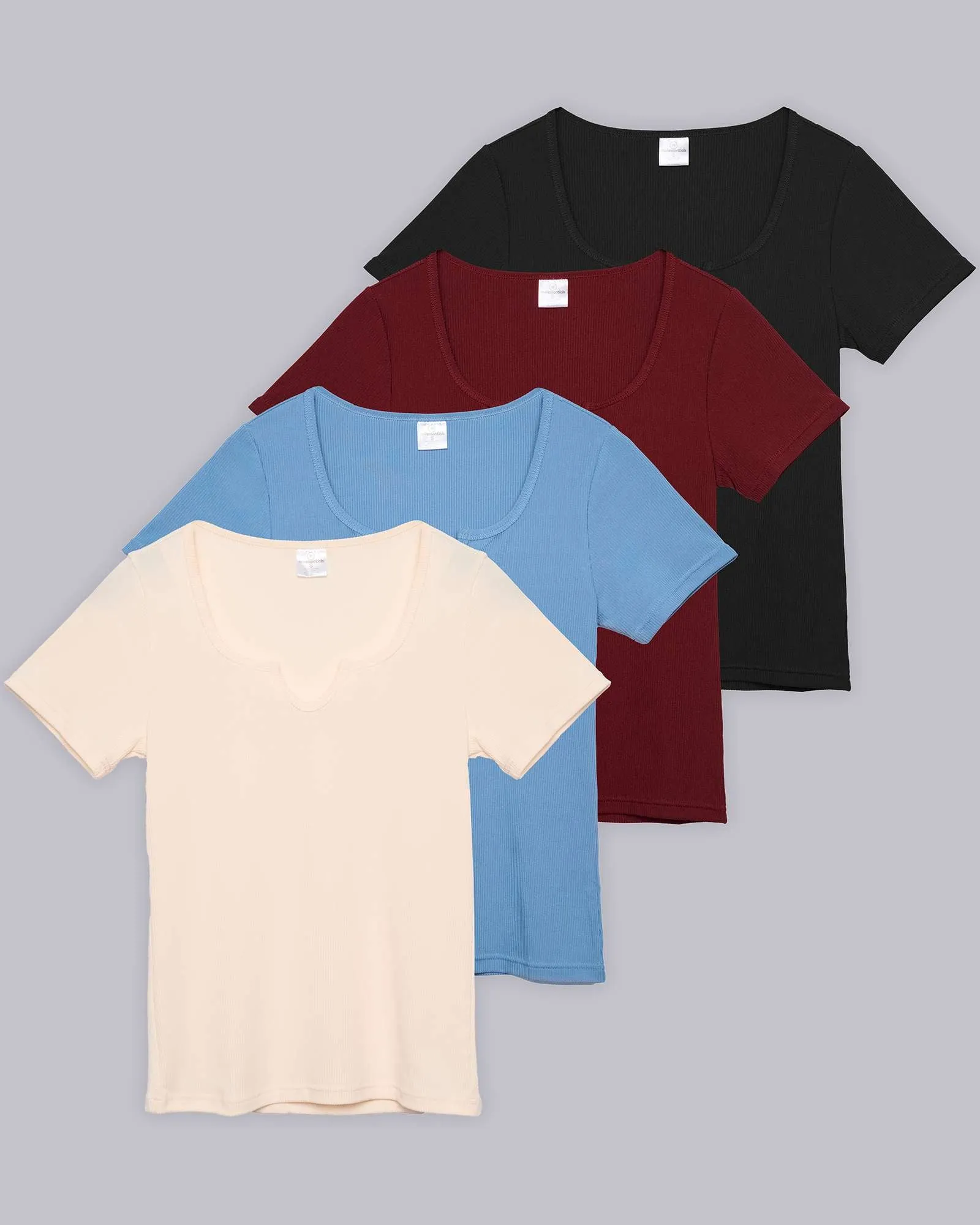 4 Pack: Women's Soft Ribbed Knit Split Neck T-Shirt