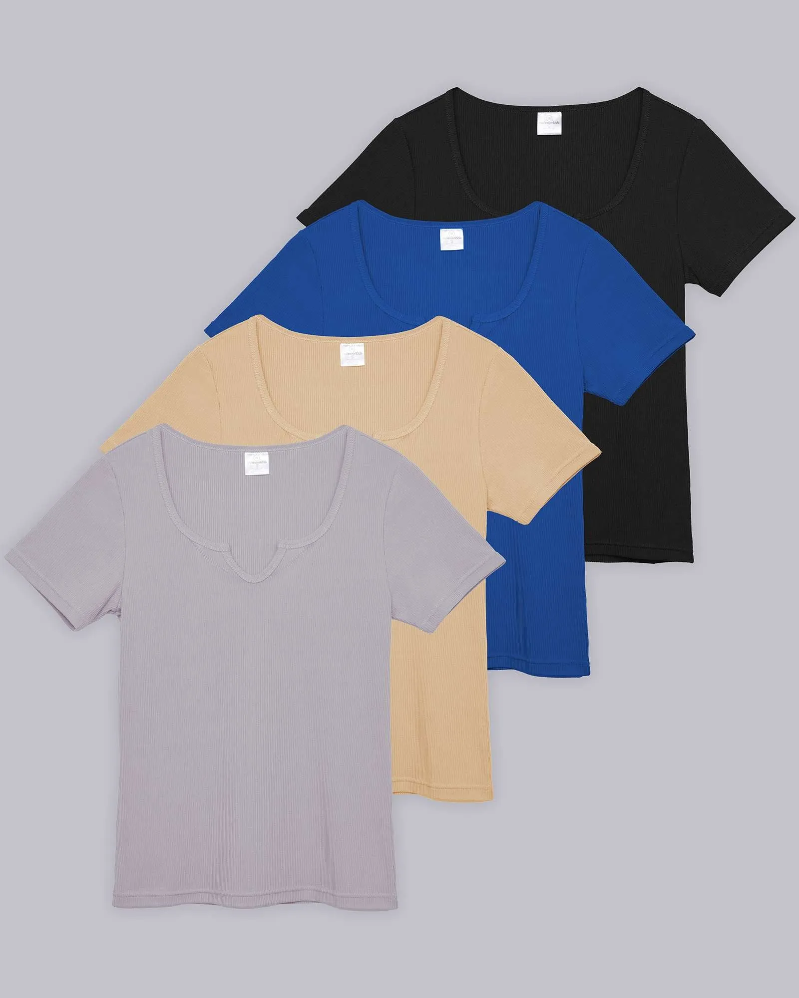 4 Pack: Women's Soft Ribbed Knit Split Neck T-Shirt