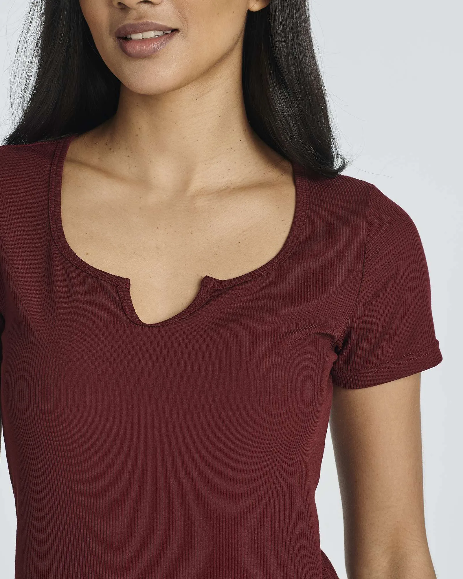 4 Pack: Women's Soft Ribbed Knit Split Neck T-Shirt