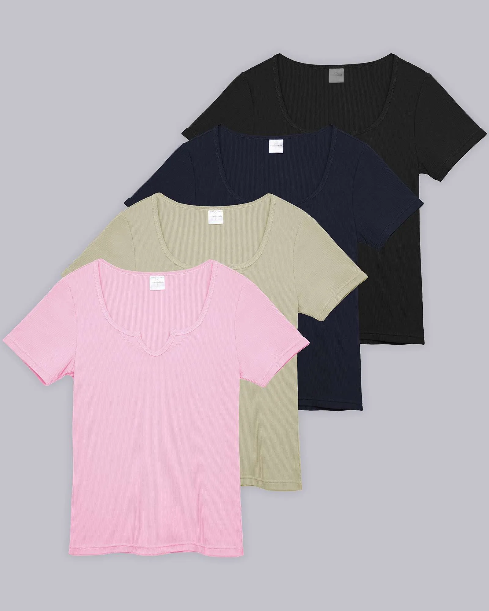 4 Pack: Women's Soft Ribbed Knit Split Neck T-Shirt