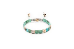 6mm Lock Dusty White 18K Gold Bracelet w. Diamond, Emerald & Turquoise