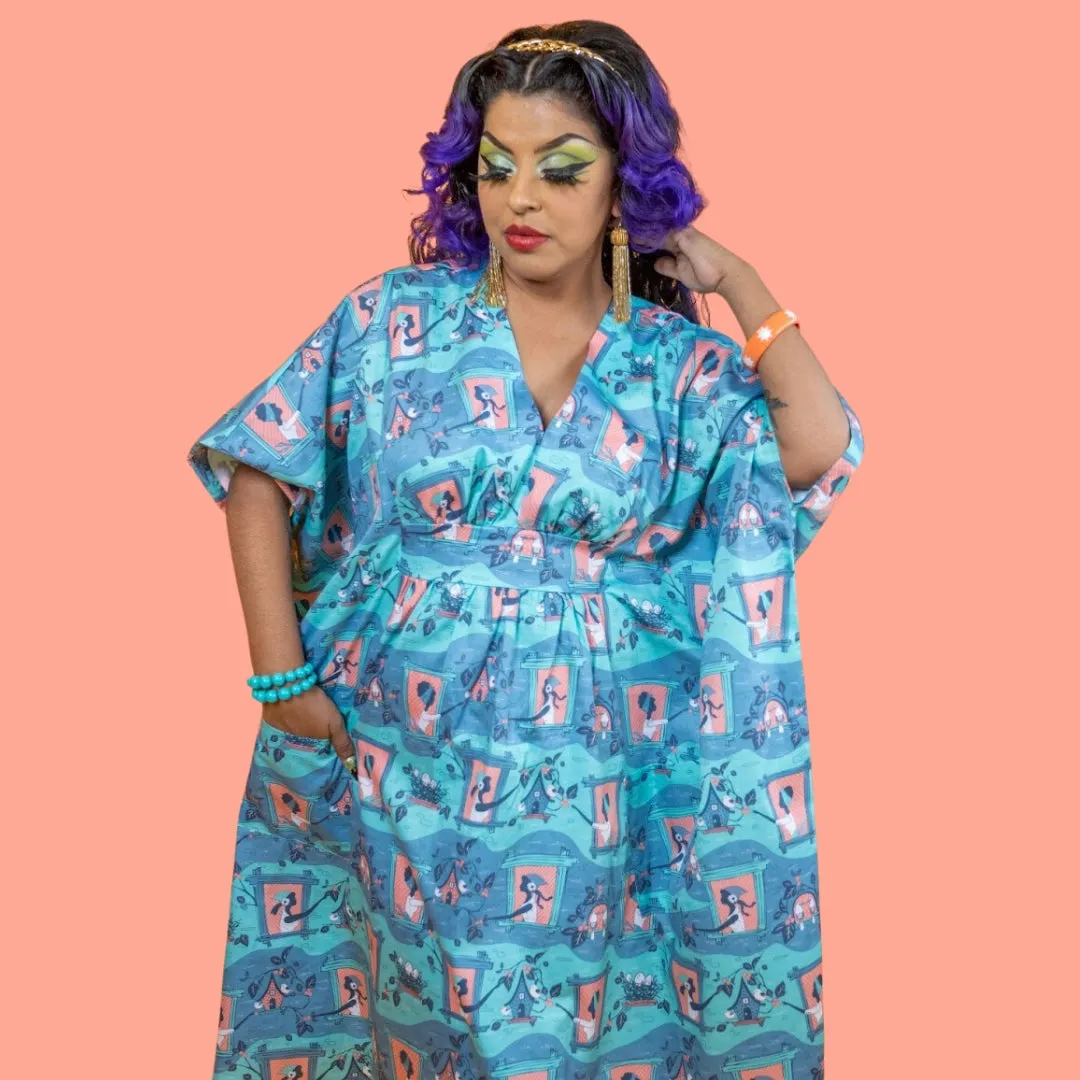 Aqua & Peach Window Gals Woven Midi Caftan by Blue Platypus