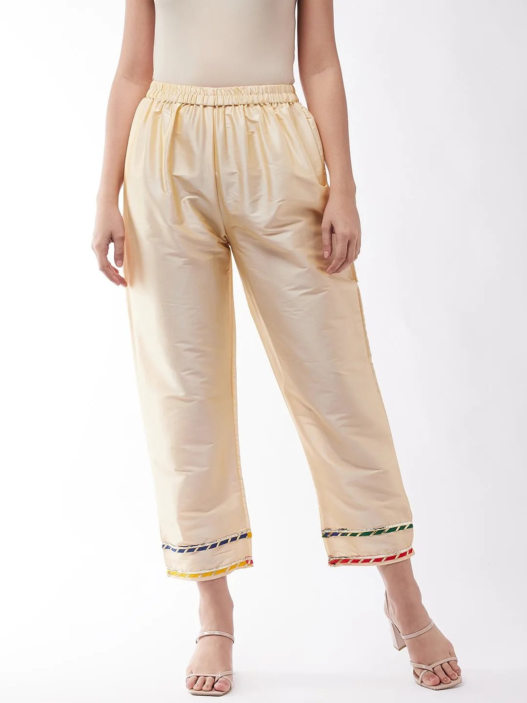 Beige Silk Pant With Gota Work