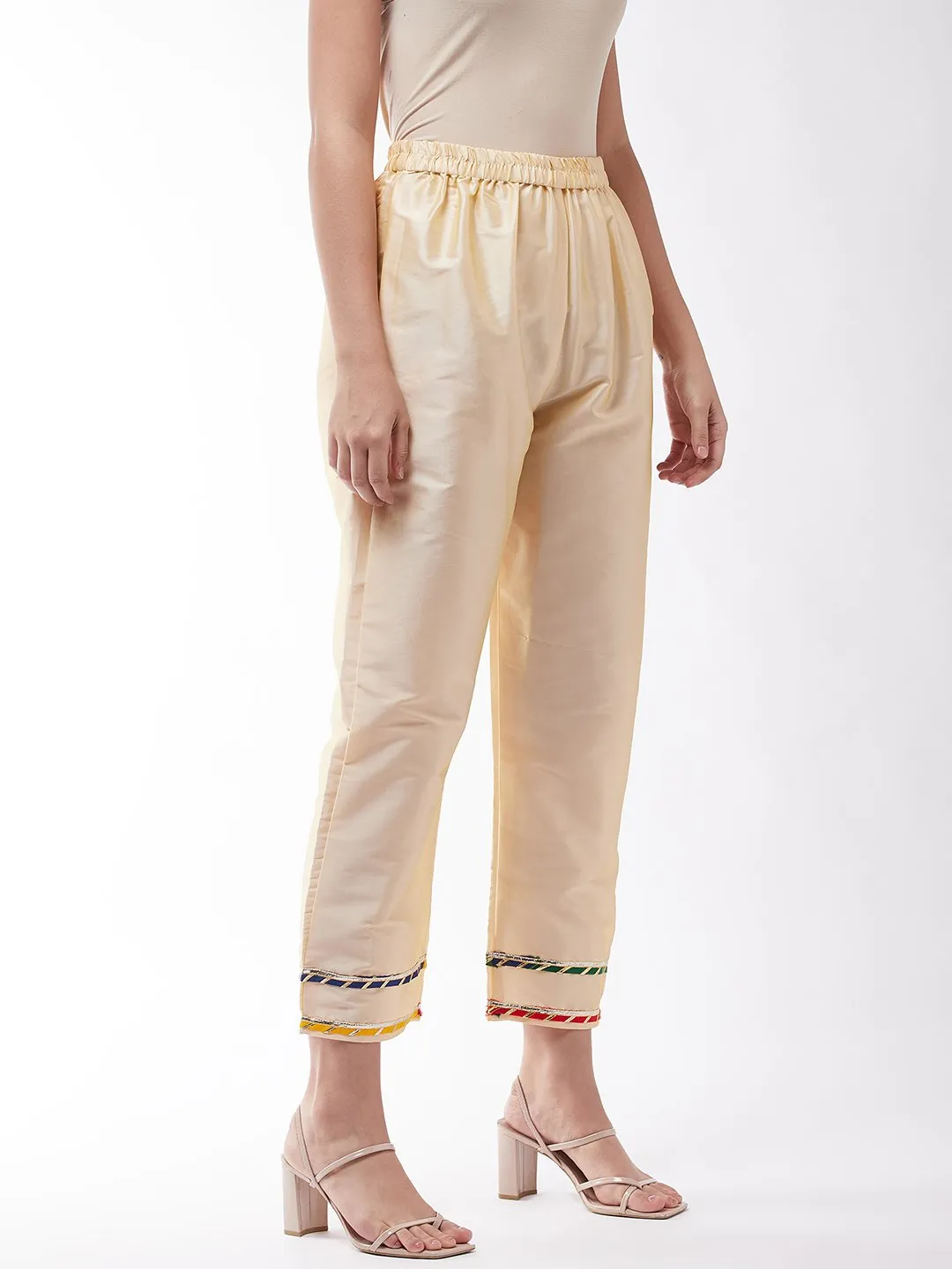 Beige Silk Pant With Gota Work