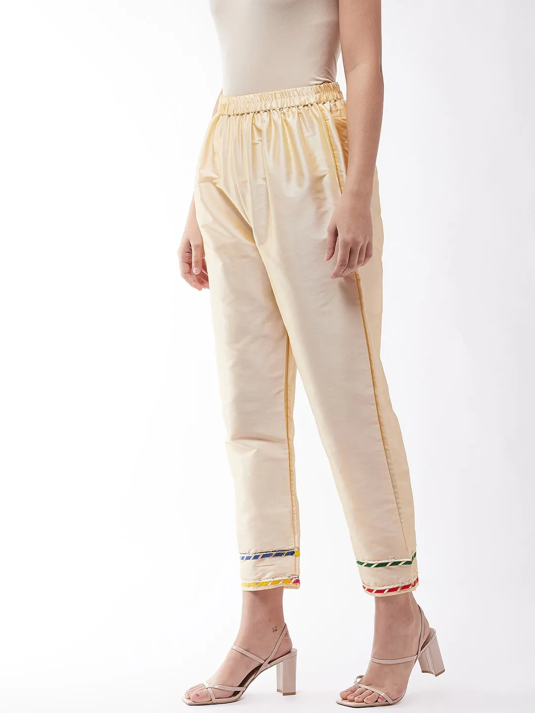 Beige Silk Pant With Gota Work