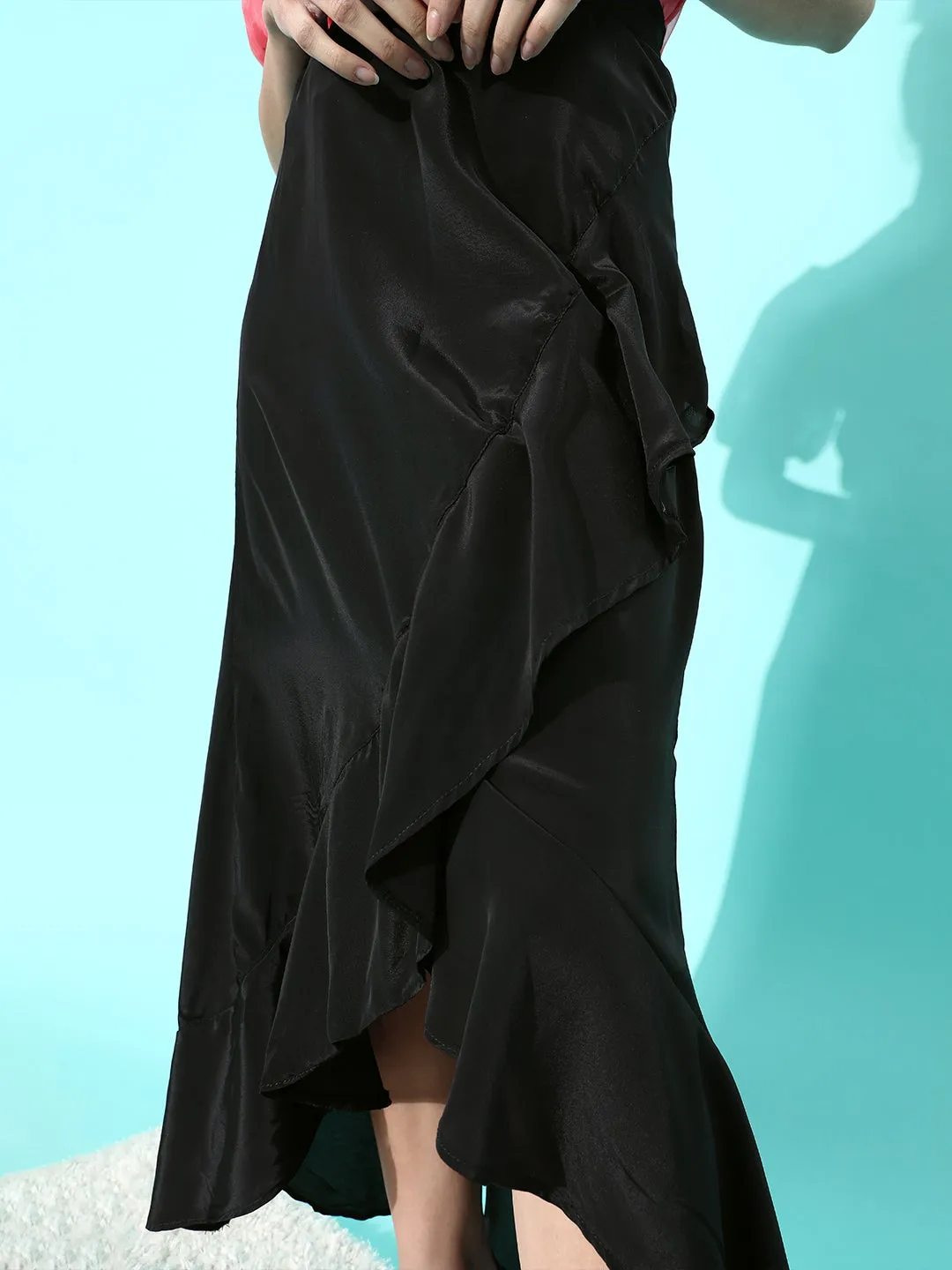 Black Asymmetrical Frill Satan Skirt