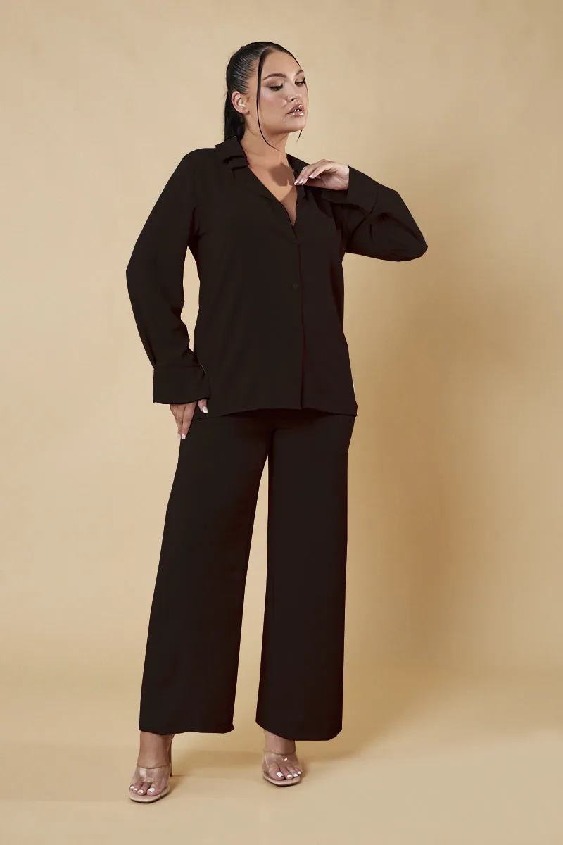 Black Button Up Front Shirt & Wide Leg Trouser Co-ord - Alicia