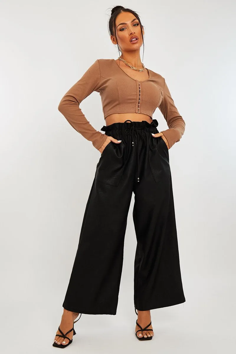 Black Faux Leather Wide Leg Cropped Trouser- Haidy