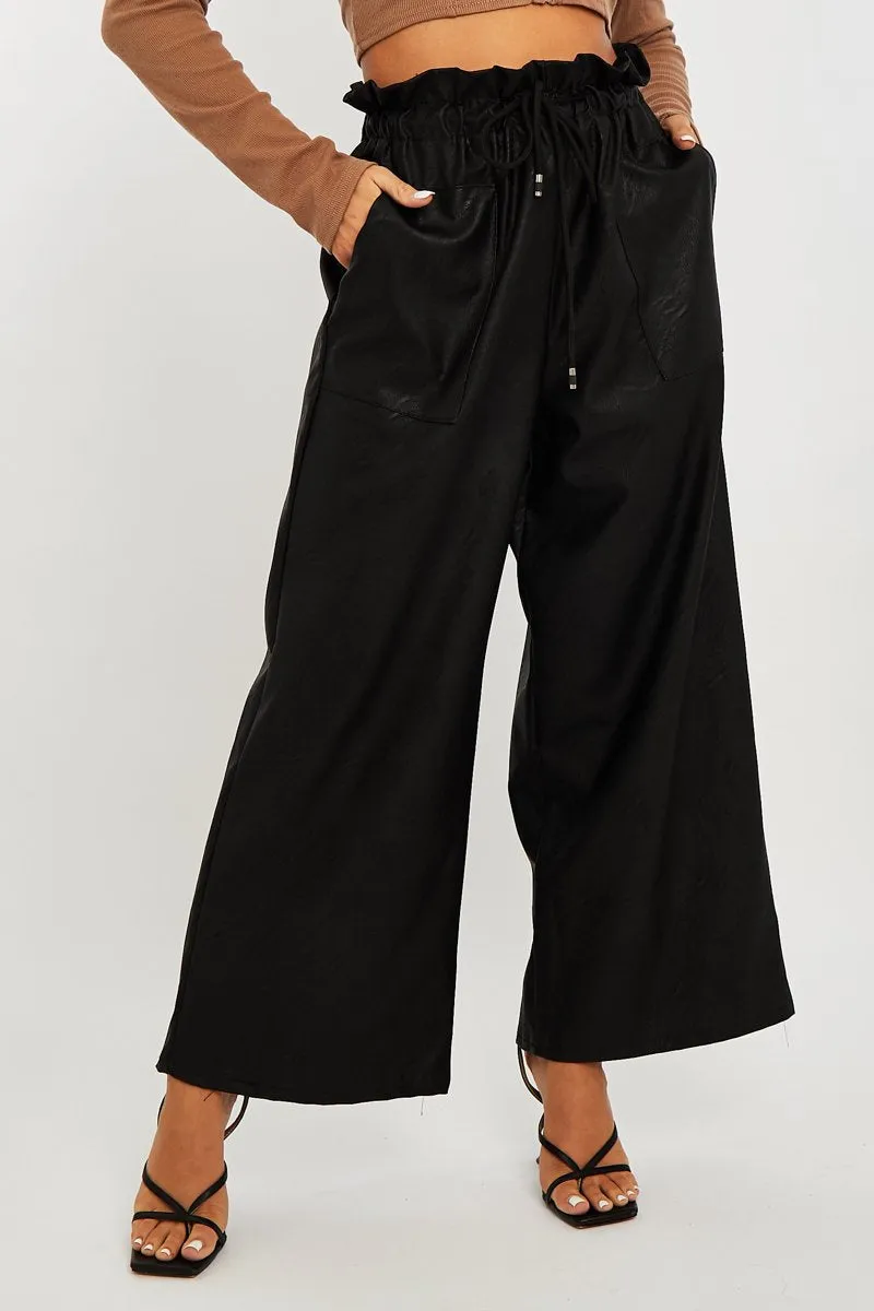 Black Faux Leather Wide Leg Cropped Trouser- Haidy