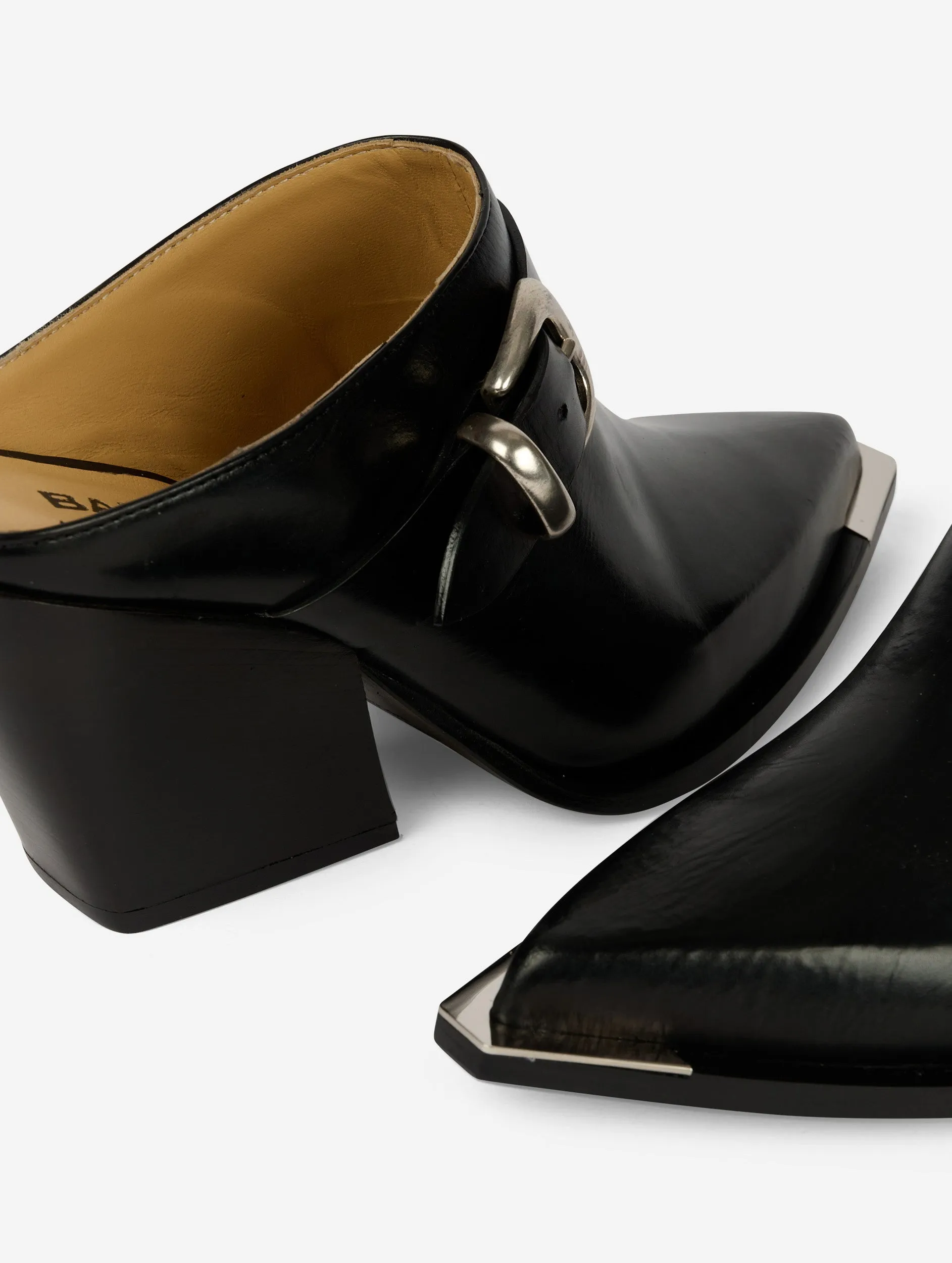 Black leather closed toe mules