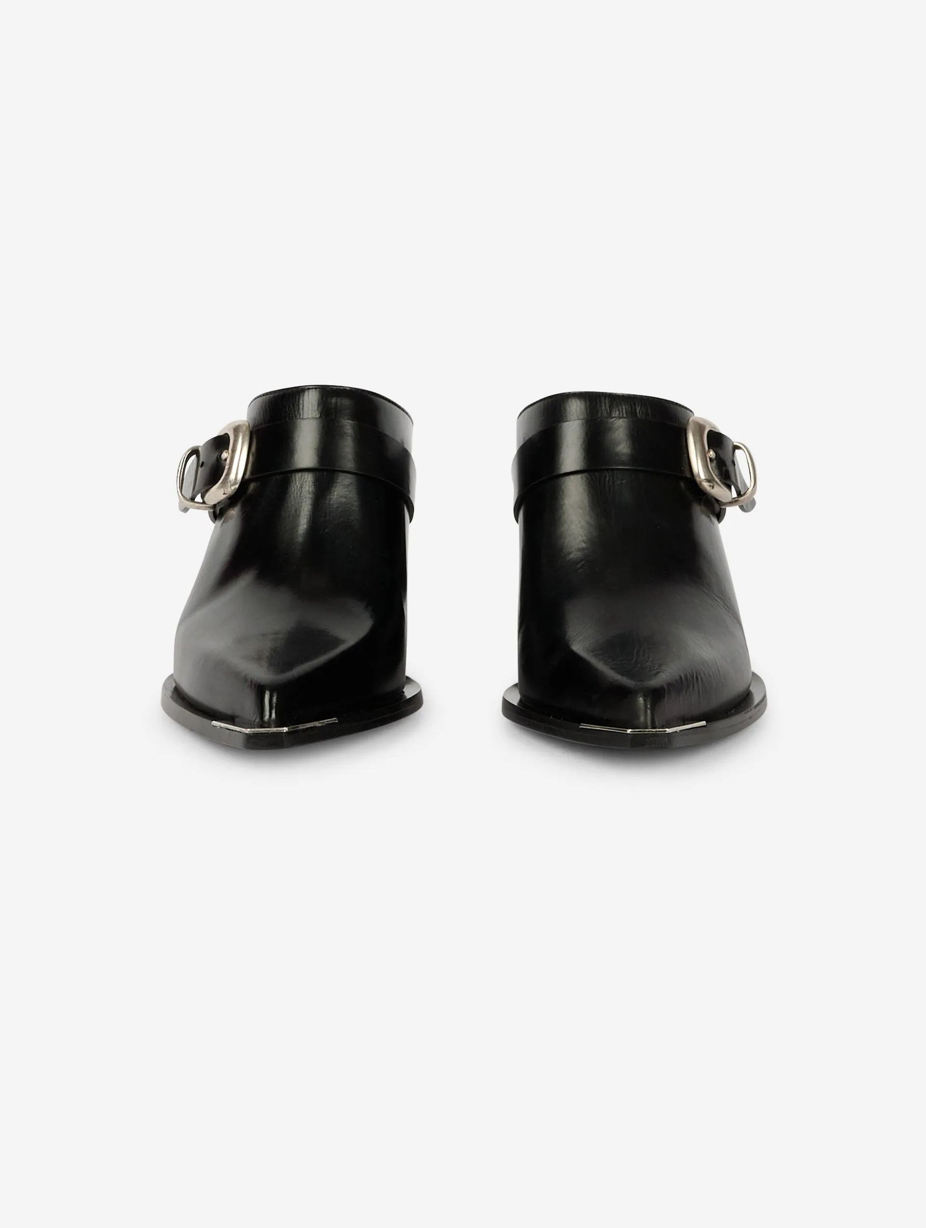 Black leather closed toe mules