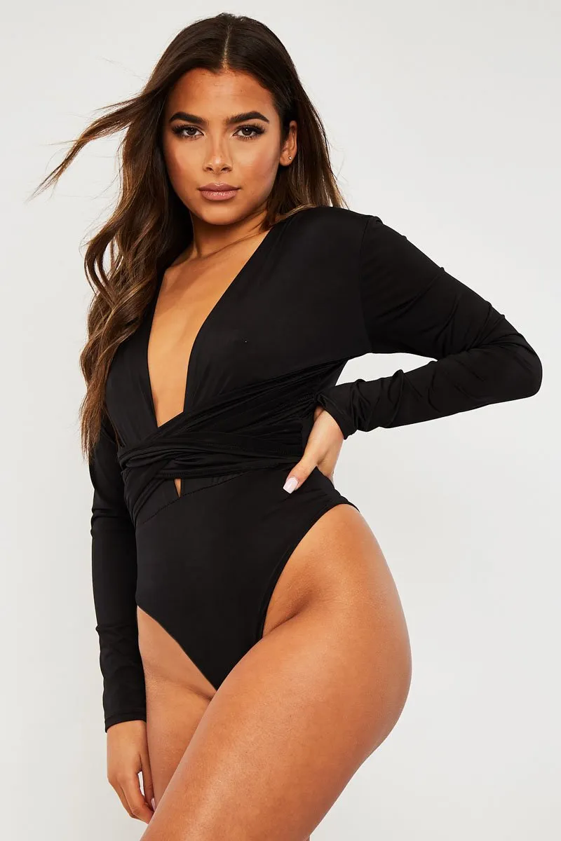 Black Plunging Wrap Middle Bodysuit - Ivyrose