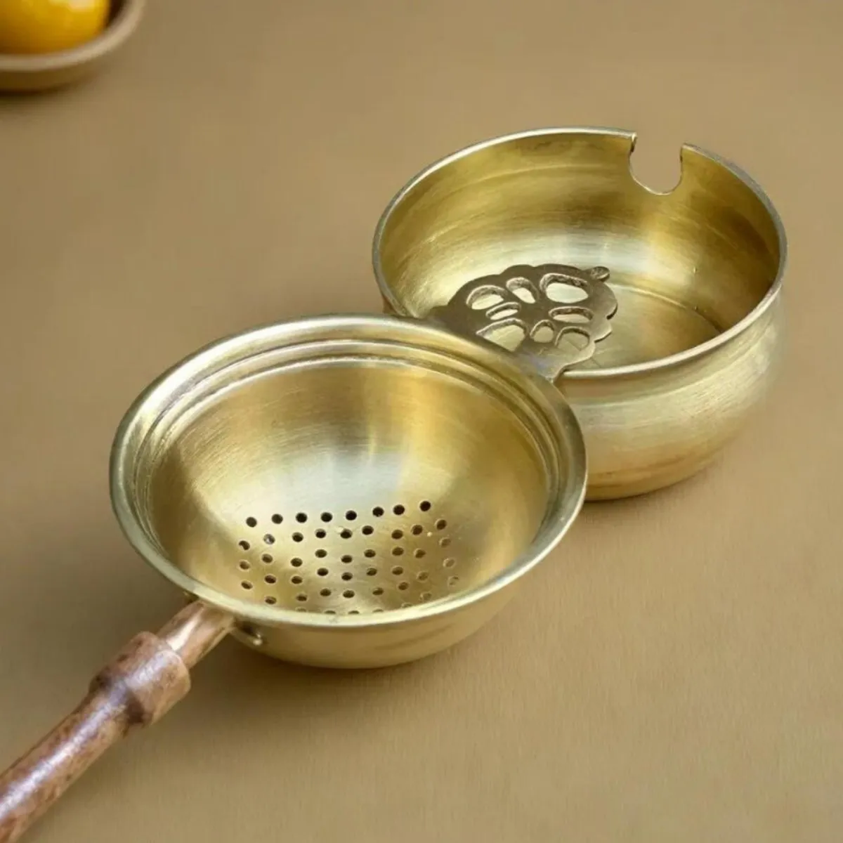 Blue Ceramic Luxury Coffee & Tea Mugs Set Of 2 with Brass & Wood Tea Strainer & Bowl | Rakshabandhan Gift | Handmade in India