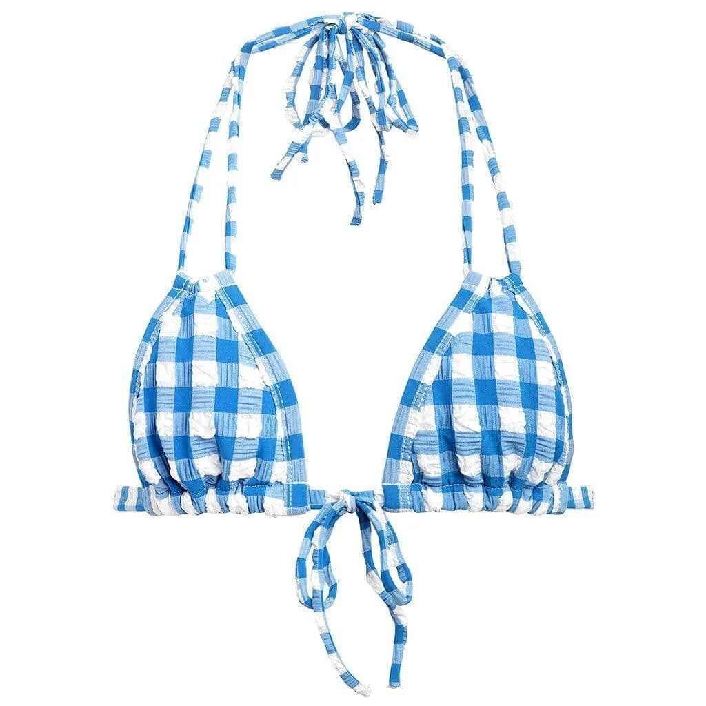 Blue Gingham Euro Bow Bikini Top