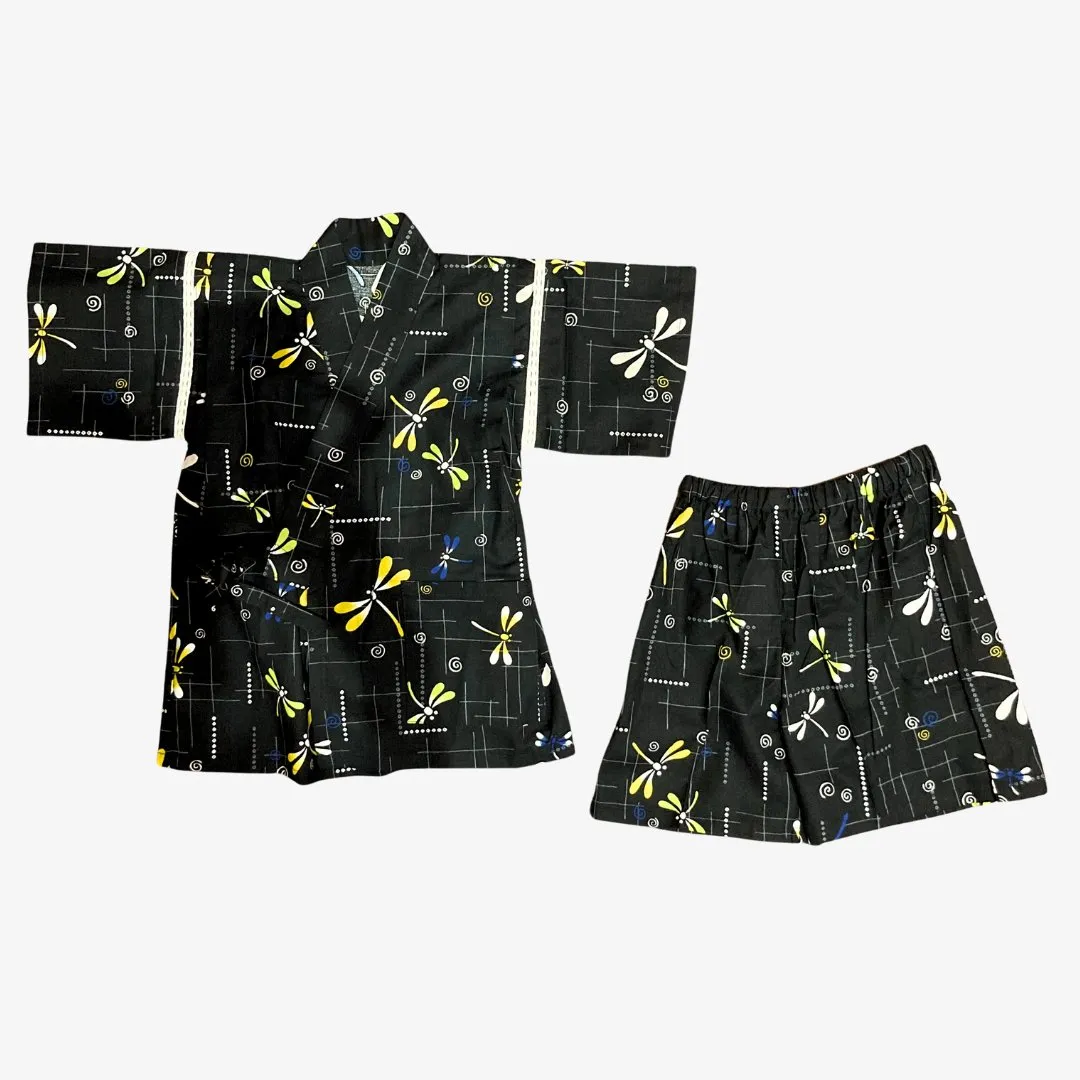 Boys 2pc Jinbei - Black with dragonfly print