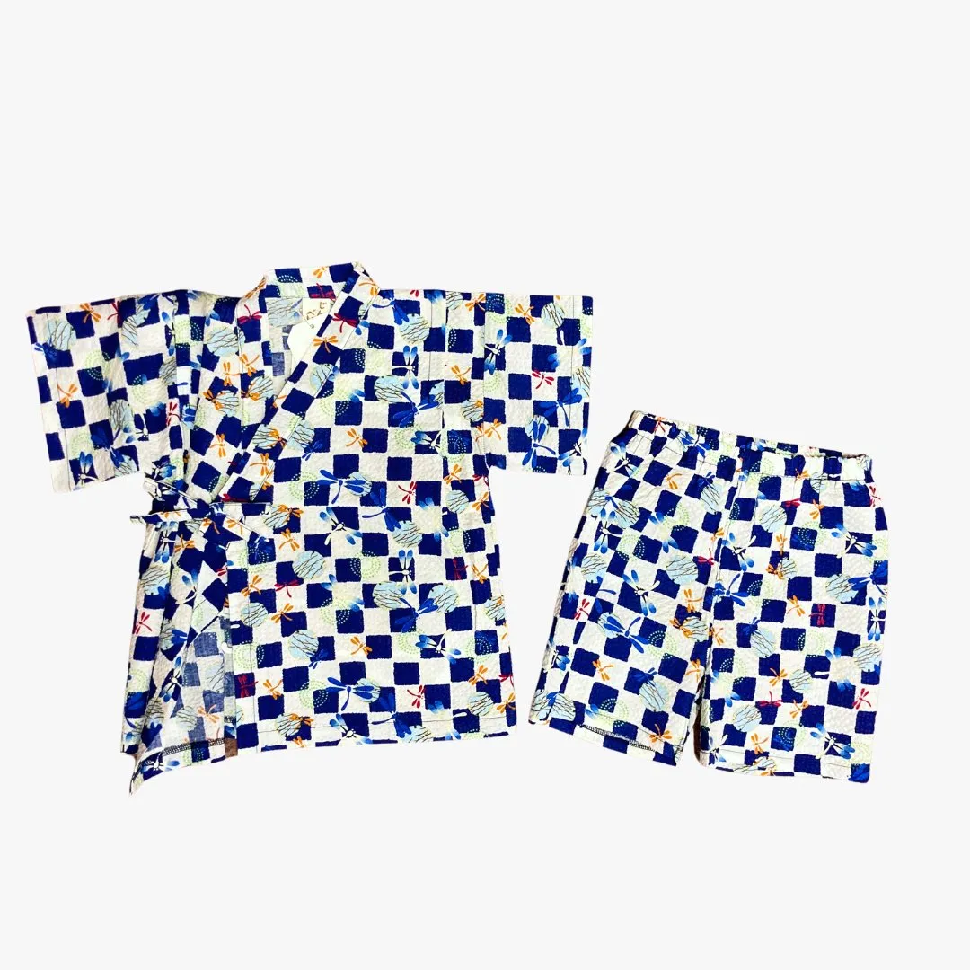 Boys 2pc Jinbei - Navy blue checkered with dragonfly print