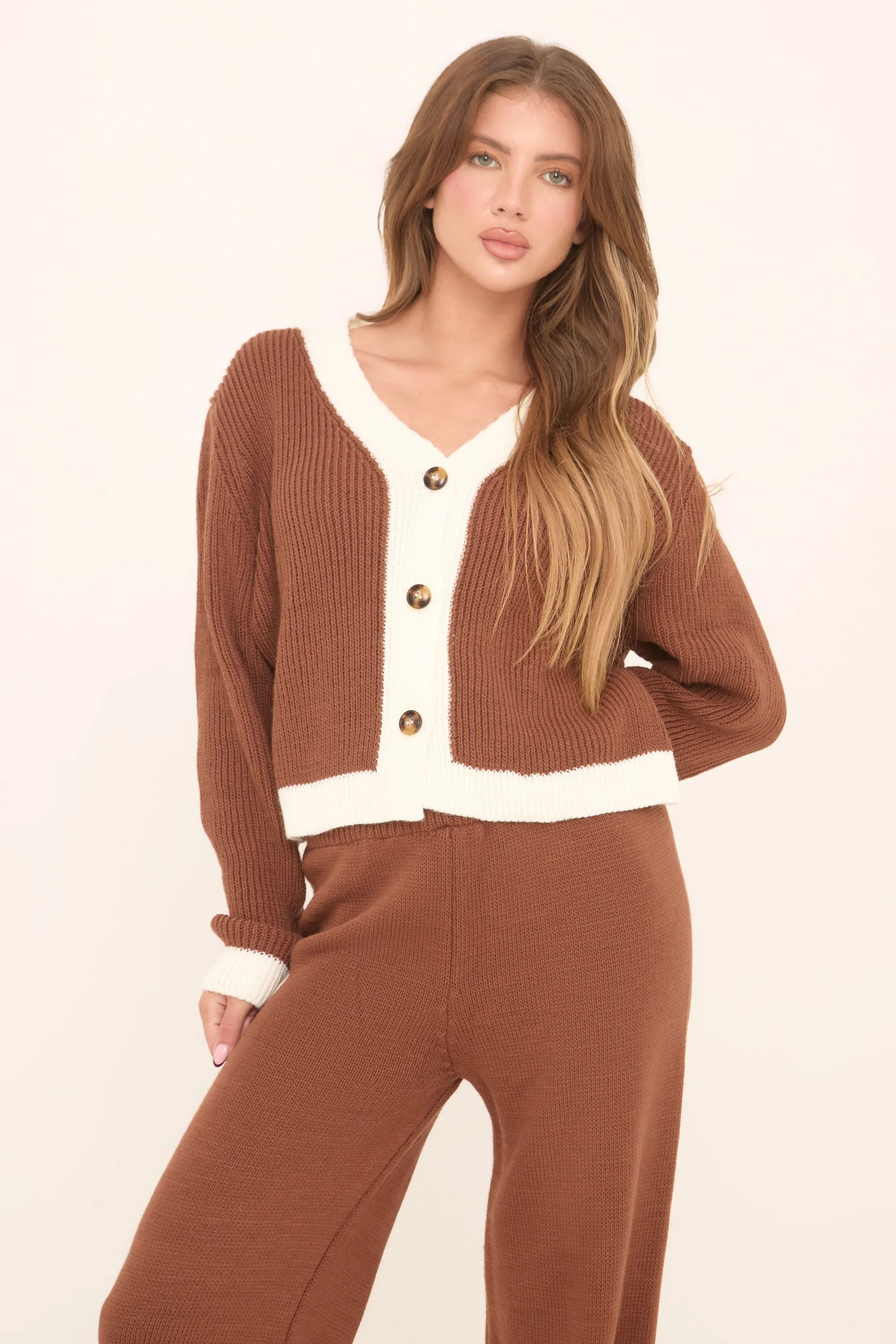 Brown Knit Contrast Button Up Front Cardigan & Straight Leg Trousers Co-ord Set -  Eileen