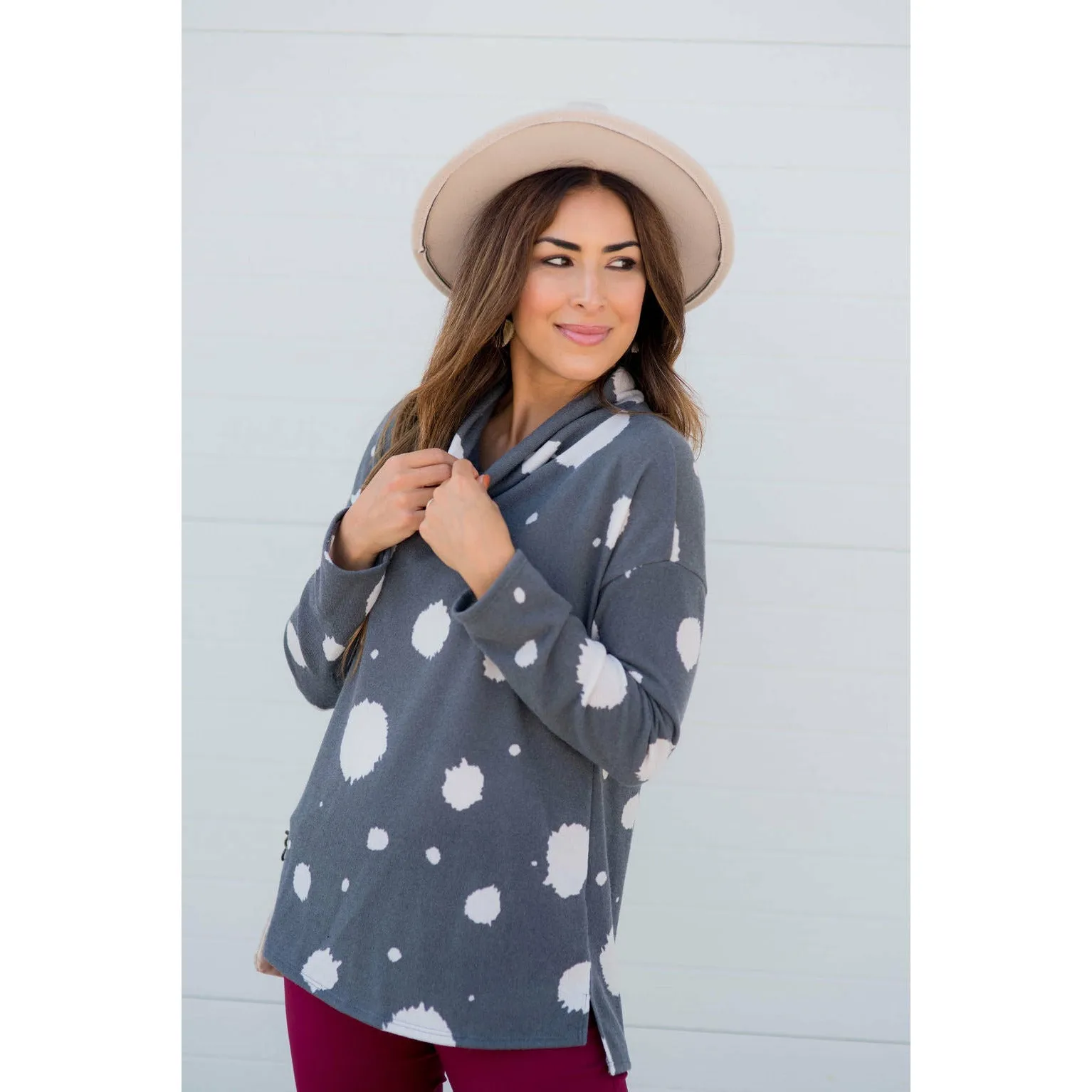 Brushed Dot Cowl Neck Sweatshirt