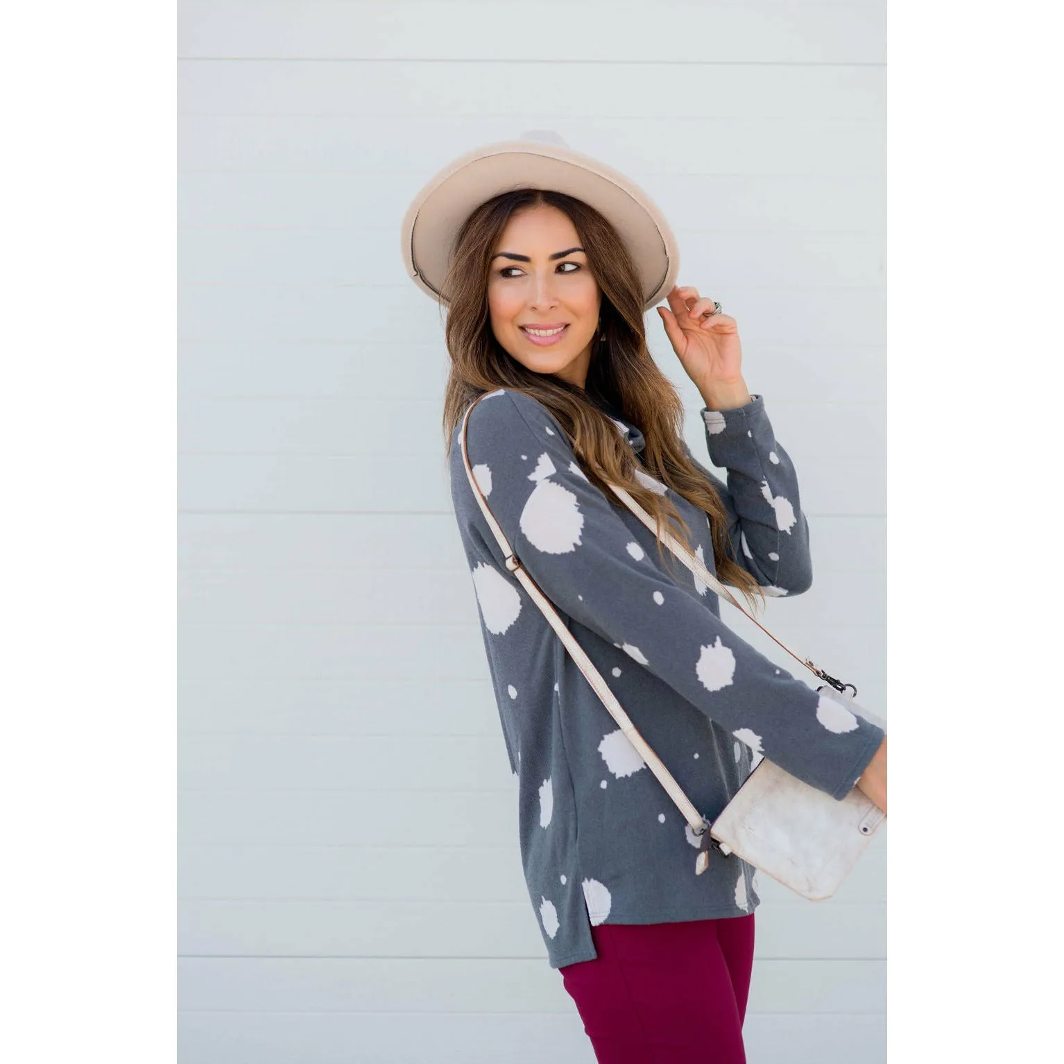 Brushed Dot Cowl Neck Sweatshirt