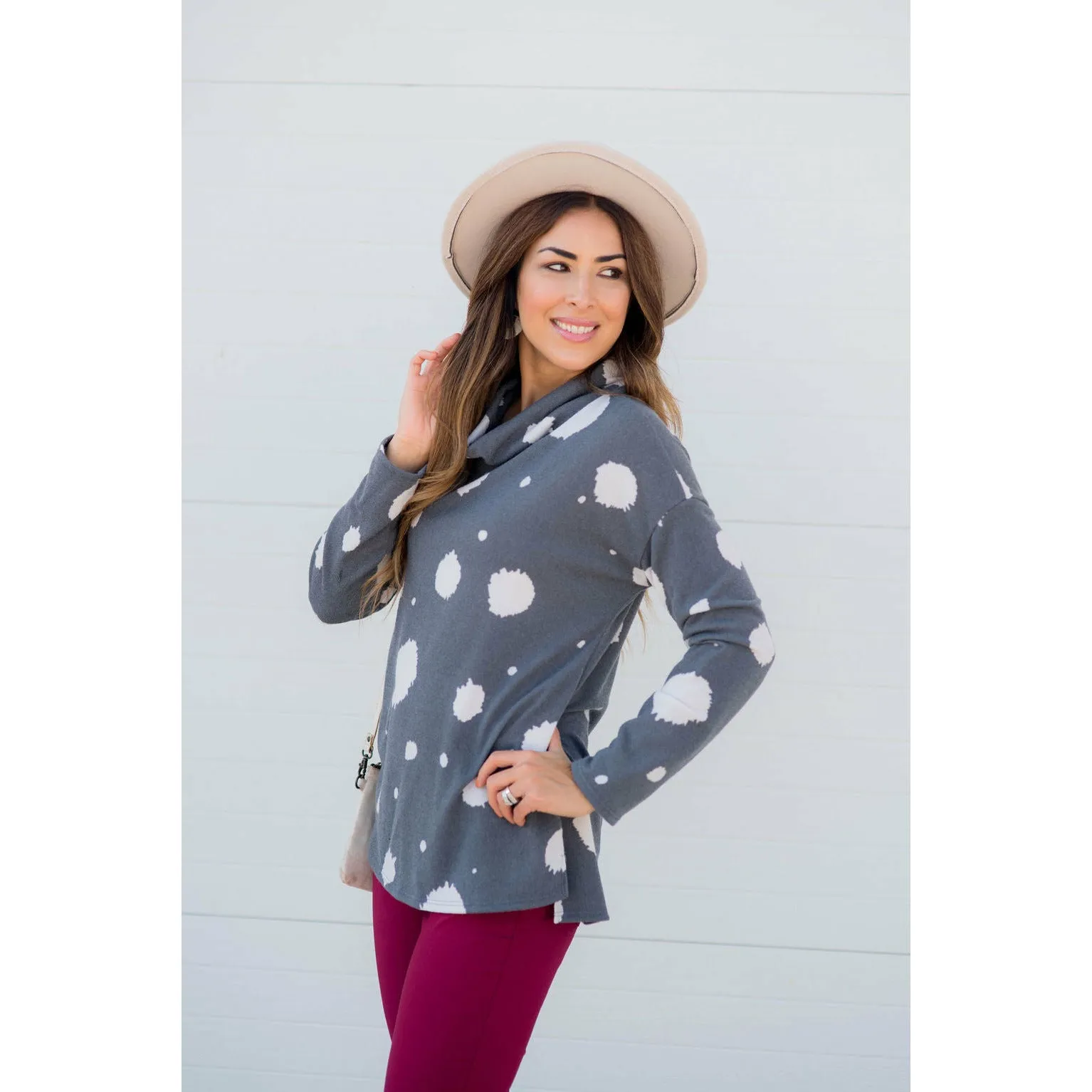 Brushed Dot Cowl Neck Sweatshirt