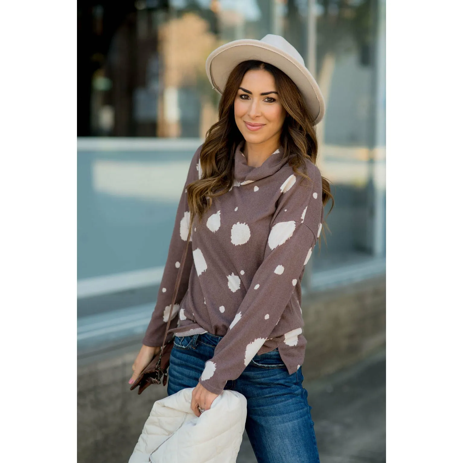 Brushed Dot Cowl Neck Sweatshirt