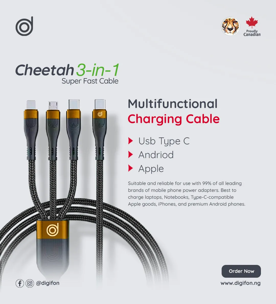 Cheetah  3-in-1 100W Super-fast Charging Cable - digifon