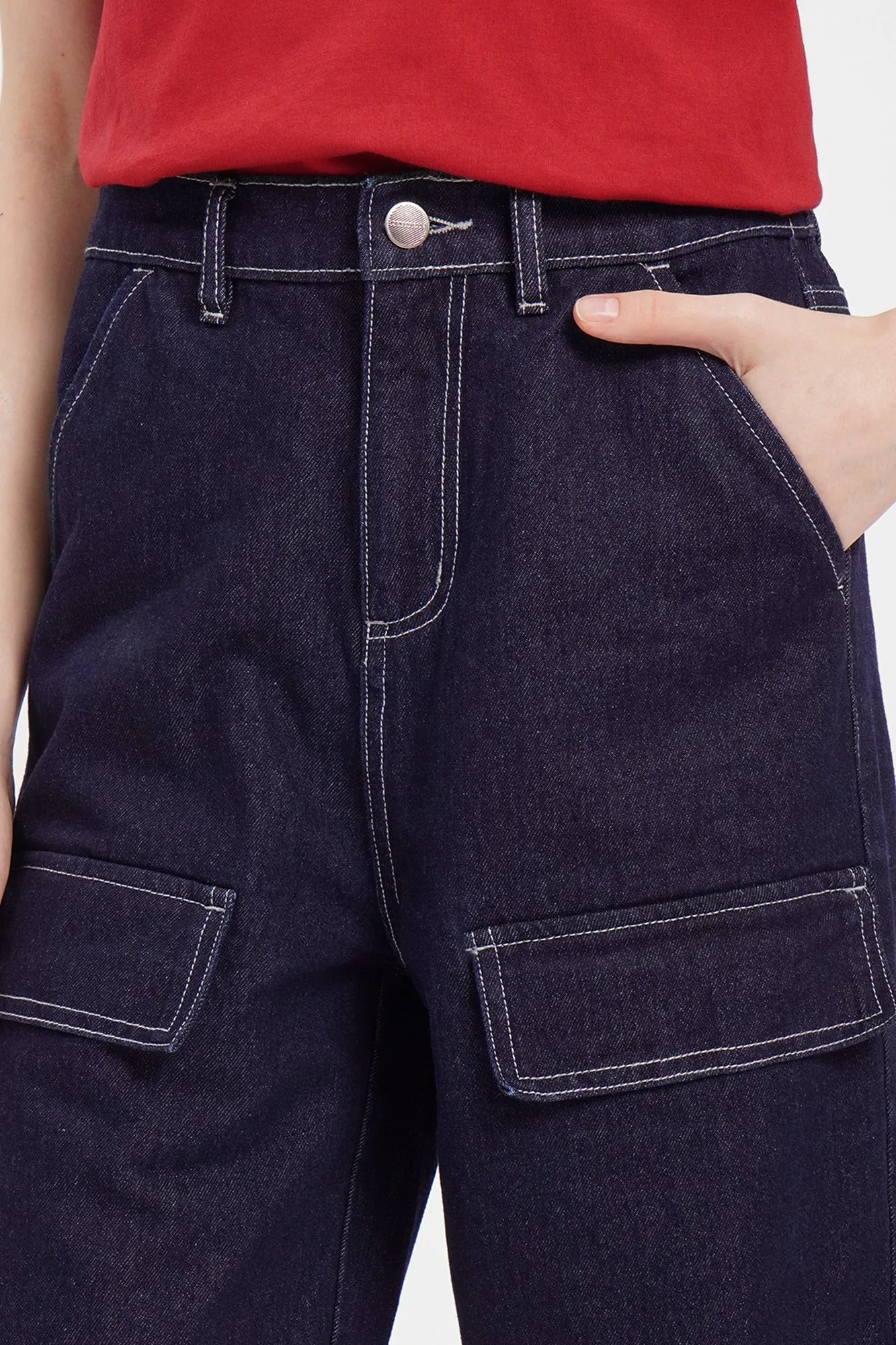 Contrast Stitch Straight Fit Cargo Jeans