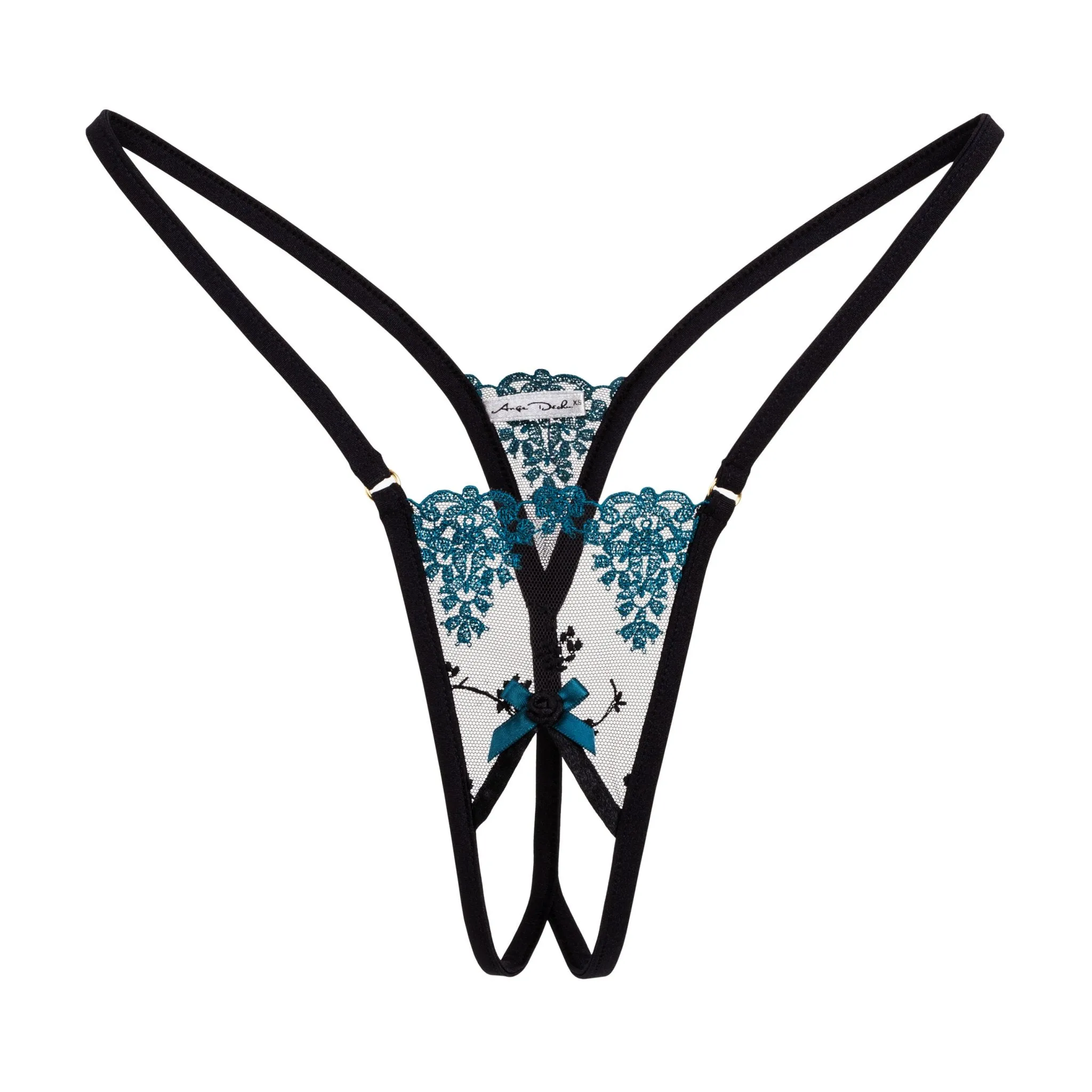 Crotchless thong G string black and turquoise see through