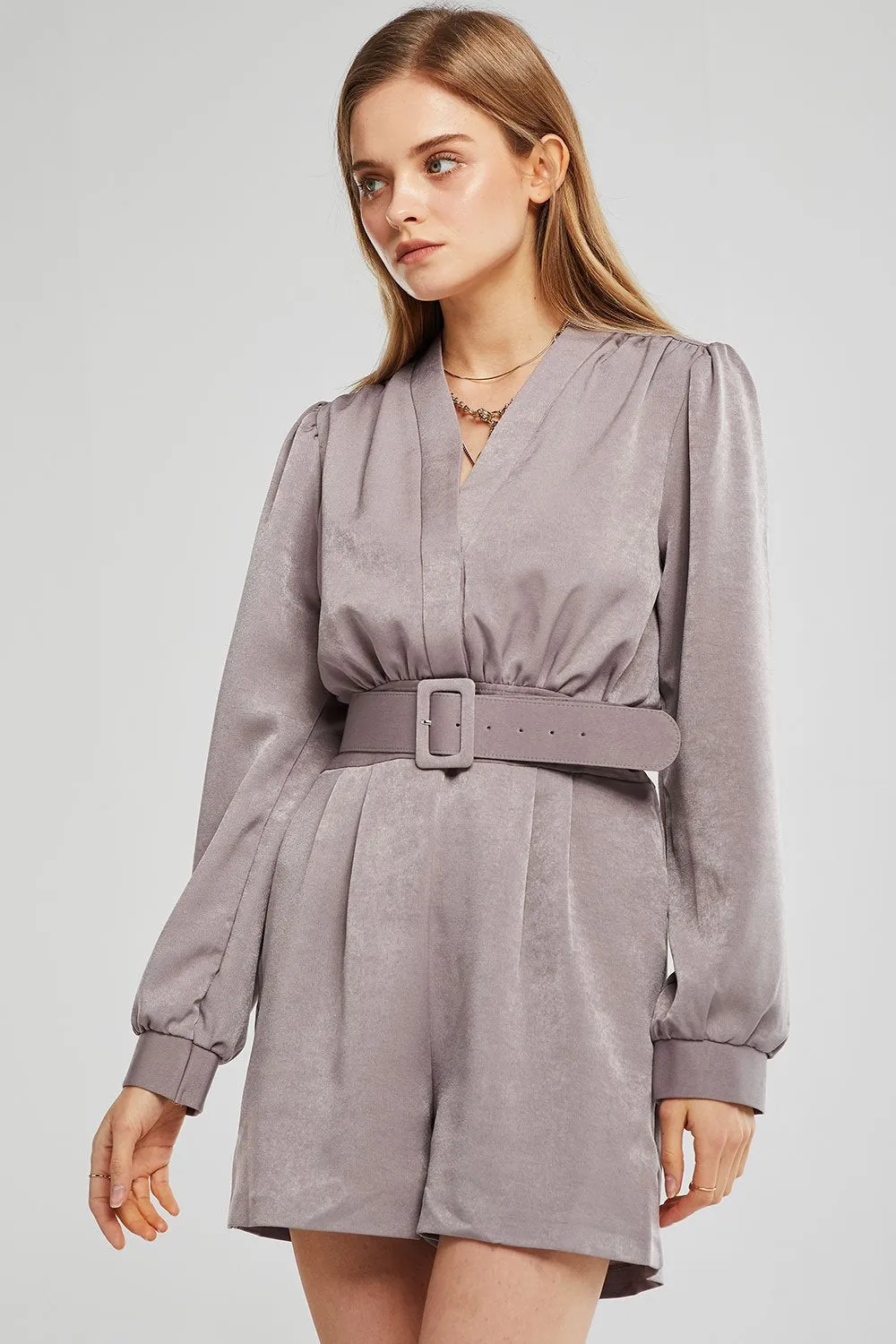 Ella Satin Pintuck Romper w/Belt