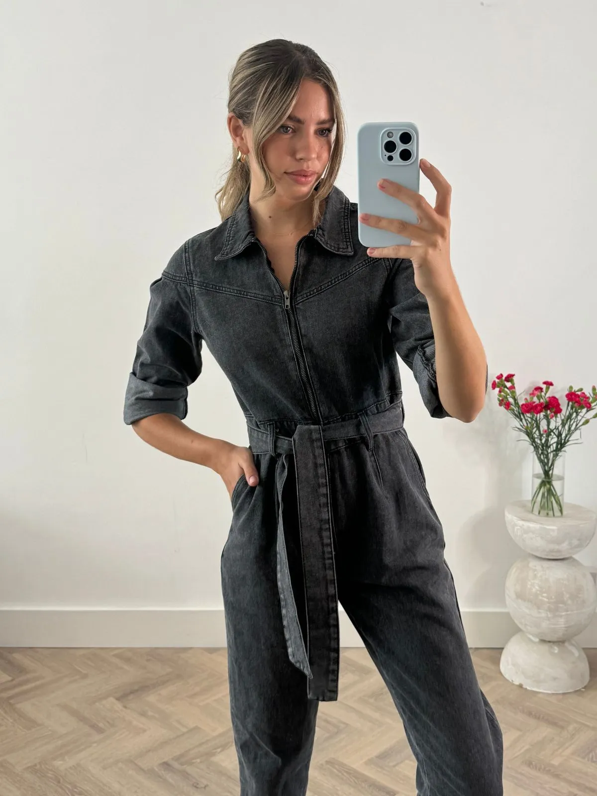 Enya Denim Jumpsuit in Washed Black