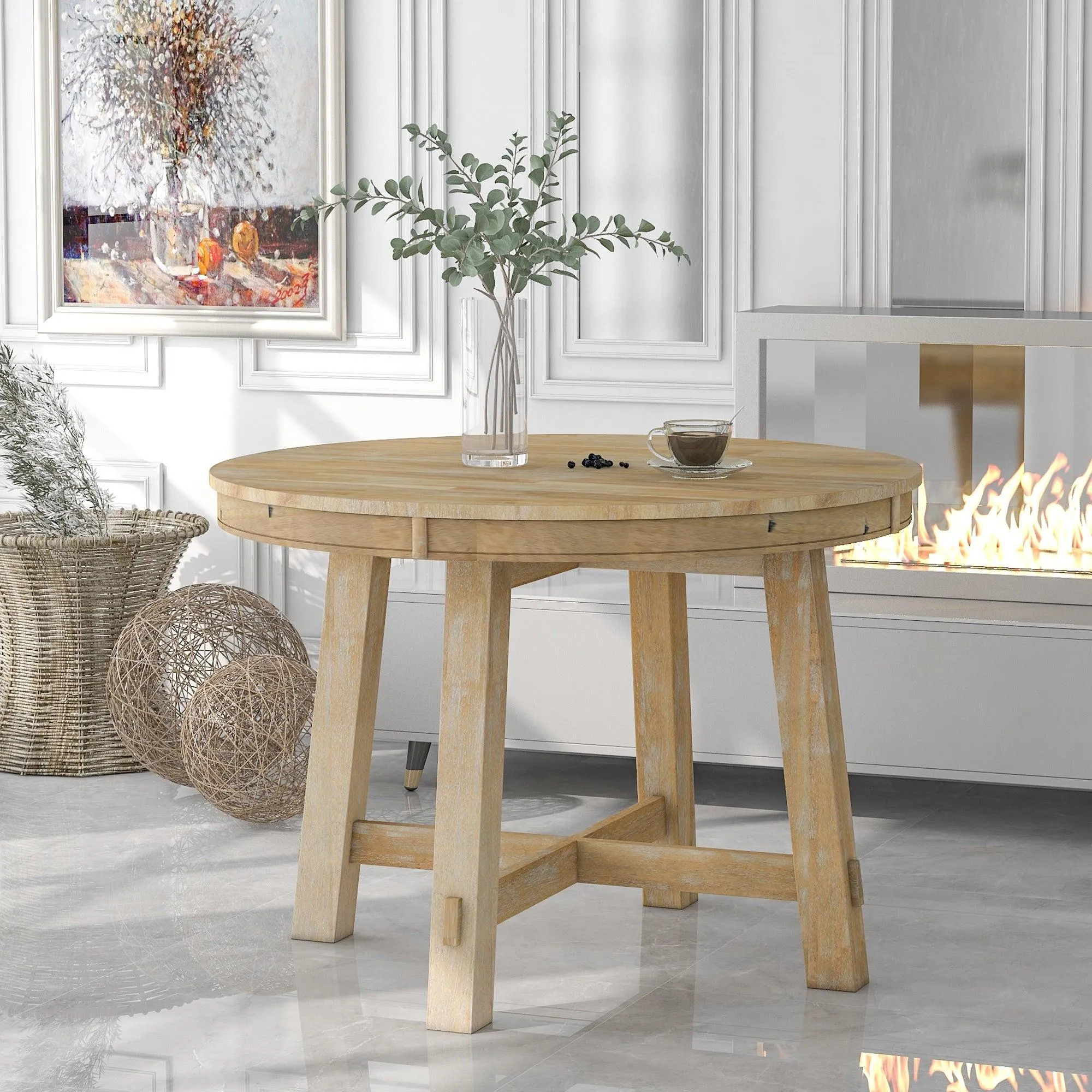 Farmhouse Round Extendable Dining Table with 16" Leaf, Natural Wood Wash