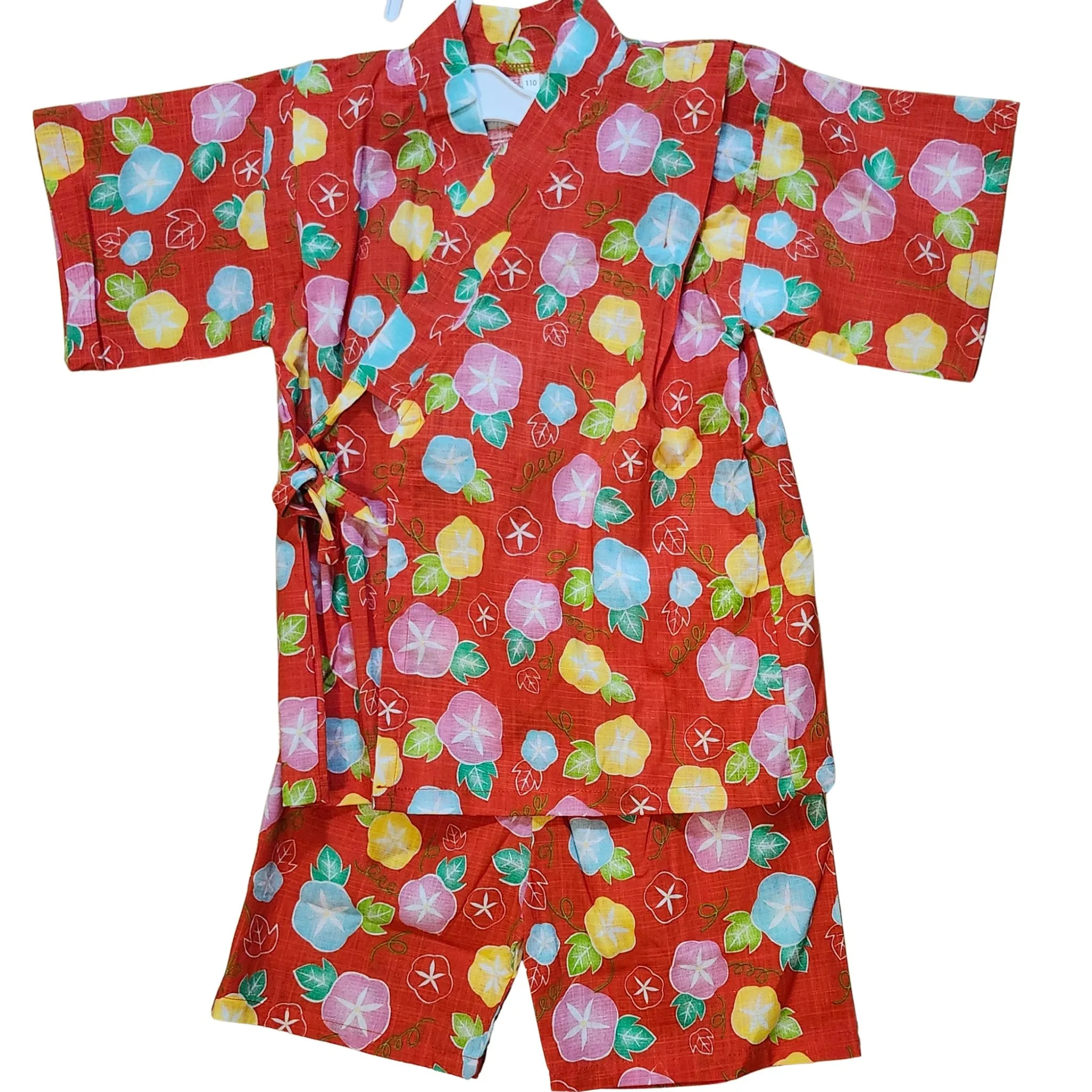 Girls 2pc Jinbei - Asagao morning glory flowers. Red