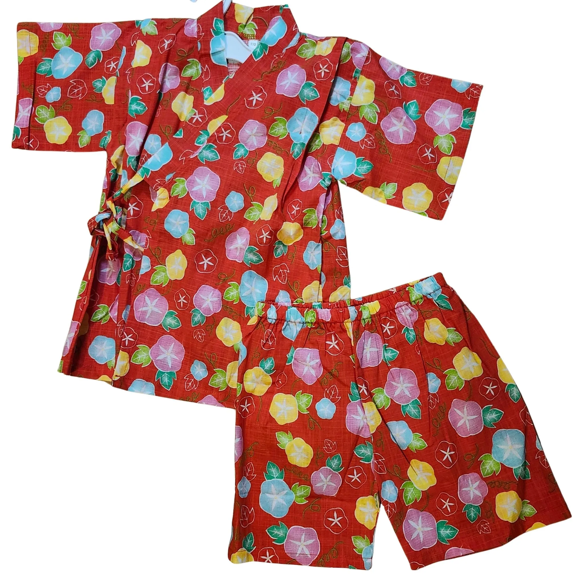 Girls 2pc Jinbei - Asagao morning glory flowers. Red