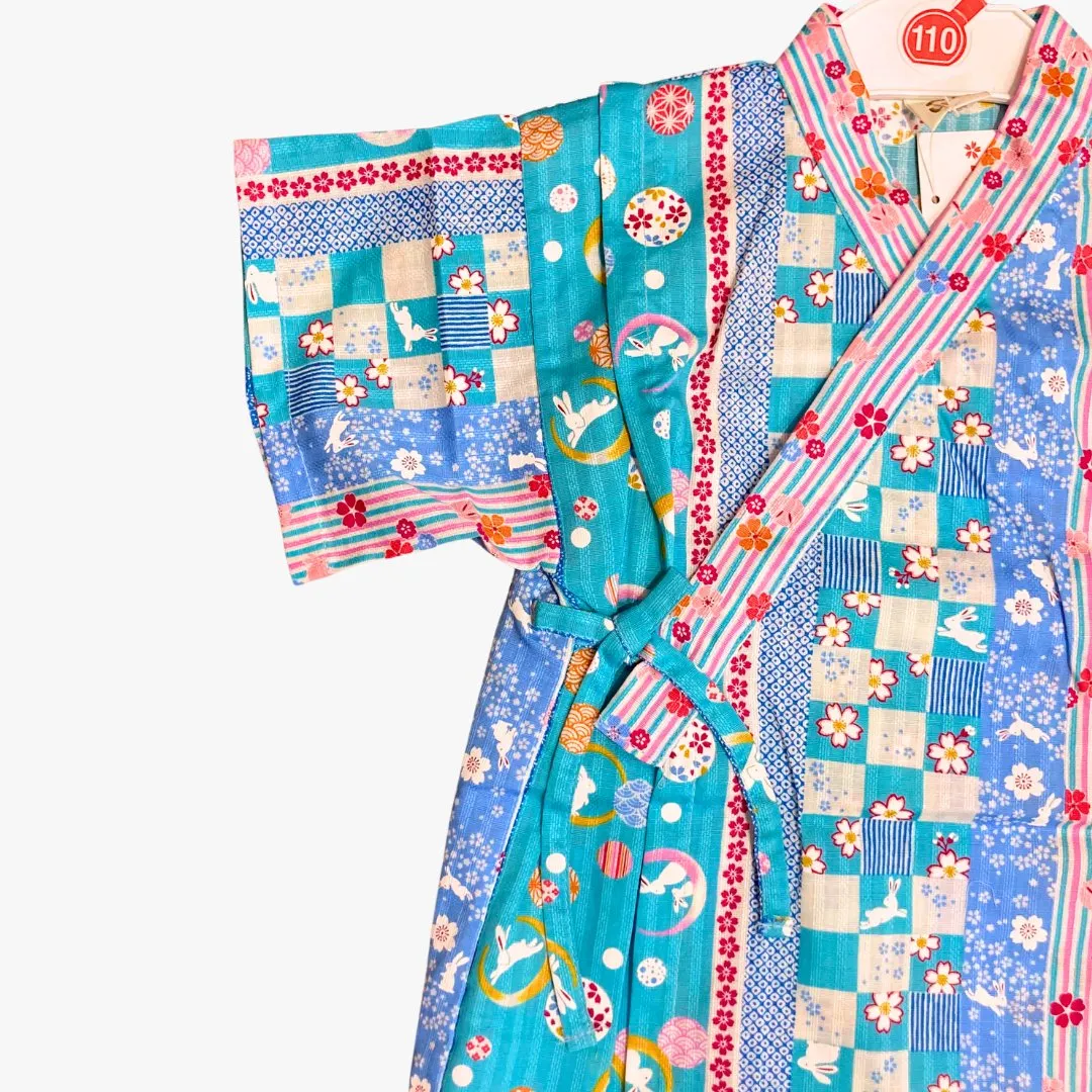 Girls 2pc Jinbei - Blue with sakura and bunny print