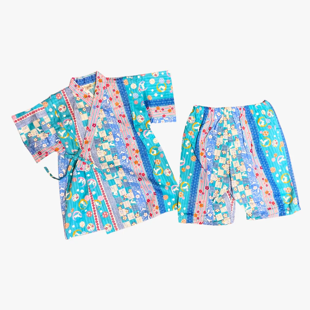 Girls 2pc Jinbei - Blue with sakura and bunny print