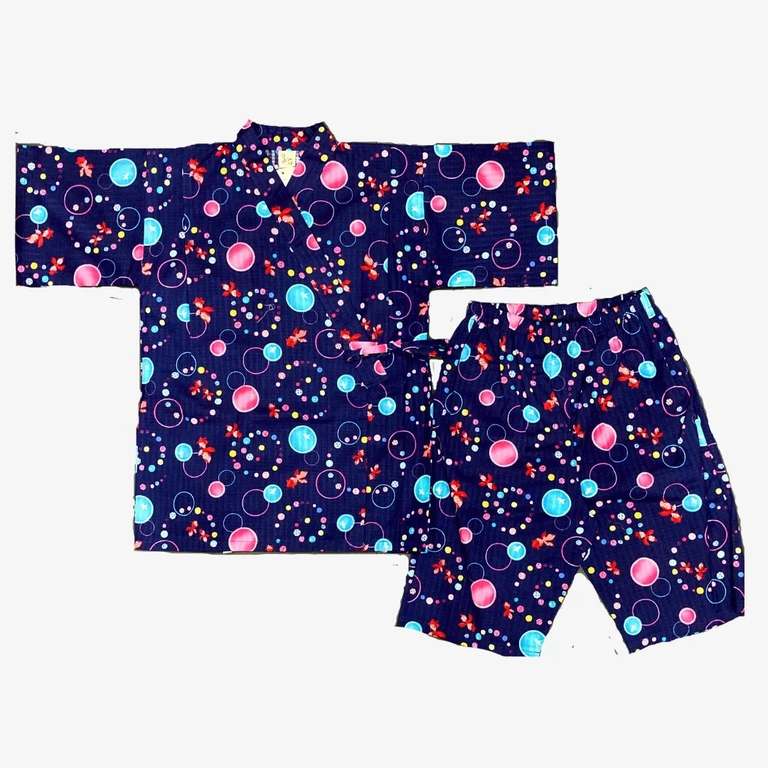 Girls 2pc Jinbei - Navy blue kingyo and bubble print