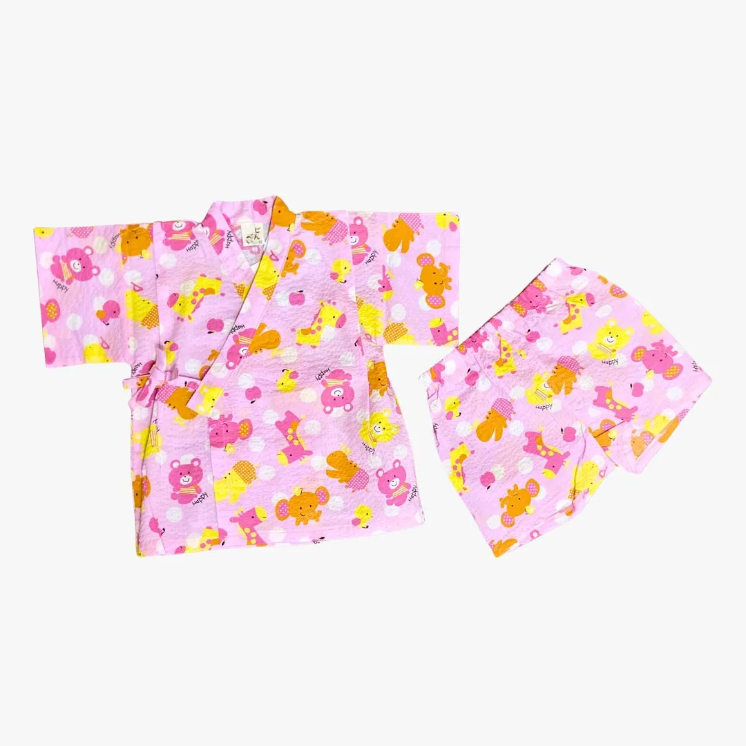 Girls 2pc Jinbei - Pink with animal print