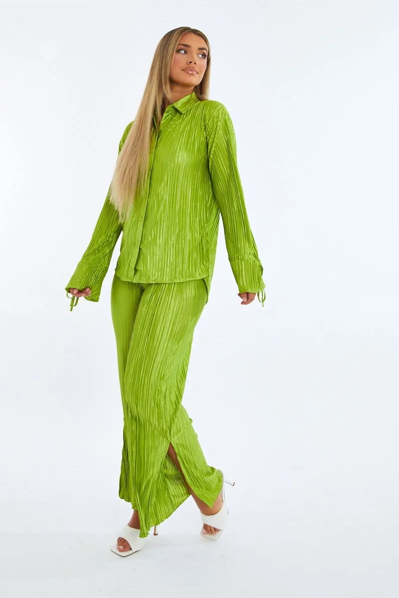 Green Plisse Button Front Oversized Shirt & Trouser Set - Ingrid