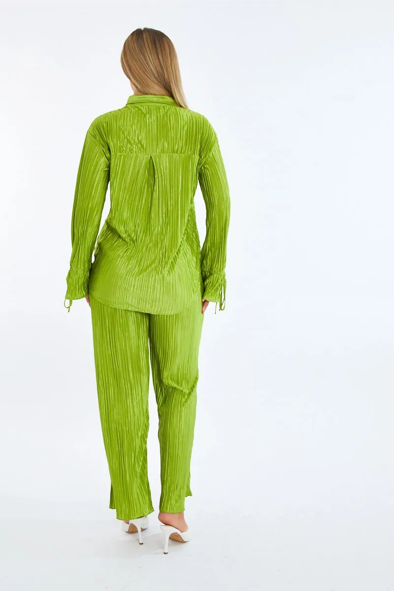 Green Plisse Button Front Oversized Shirt & Trouser Set - Ingrid