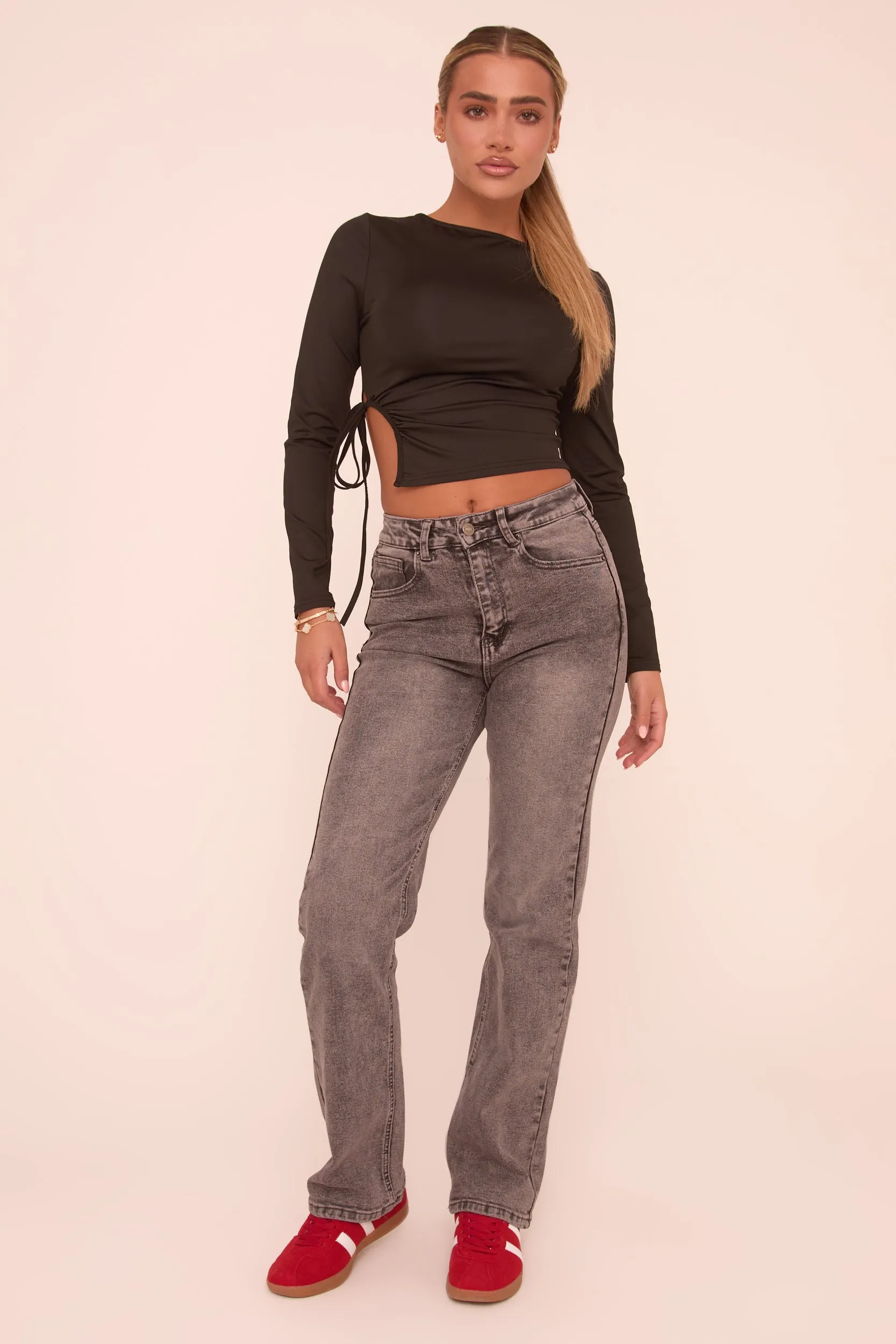 Grey Stretch Mid Waist Straight Leg Denim Jeans - Lorella