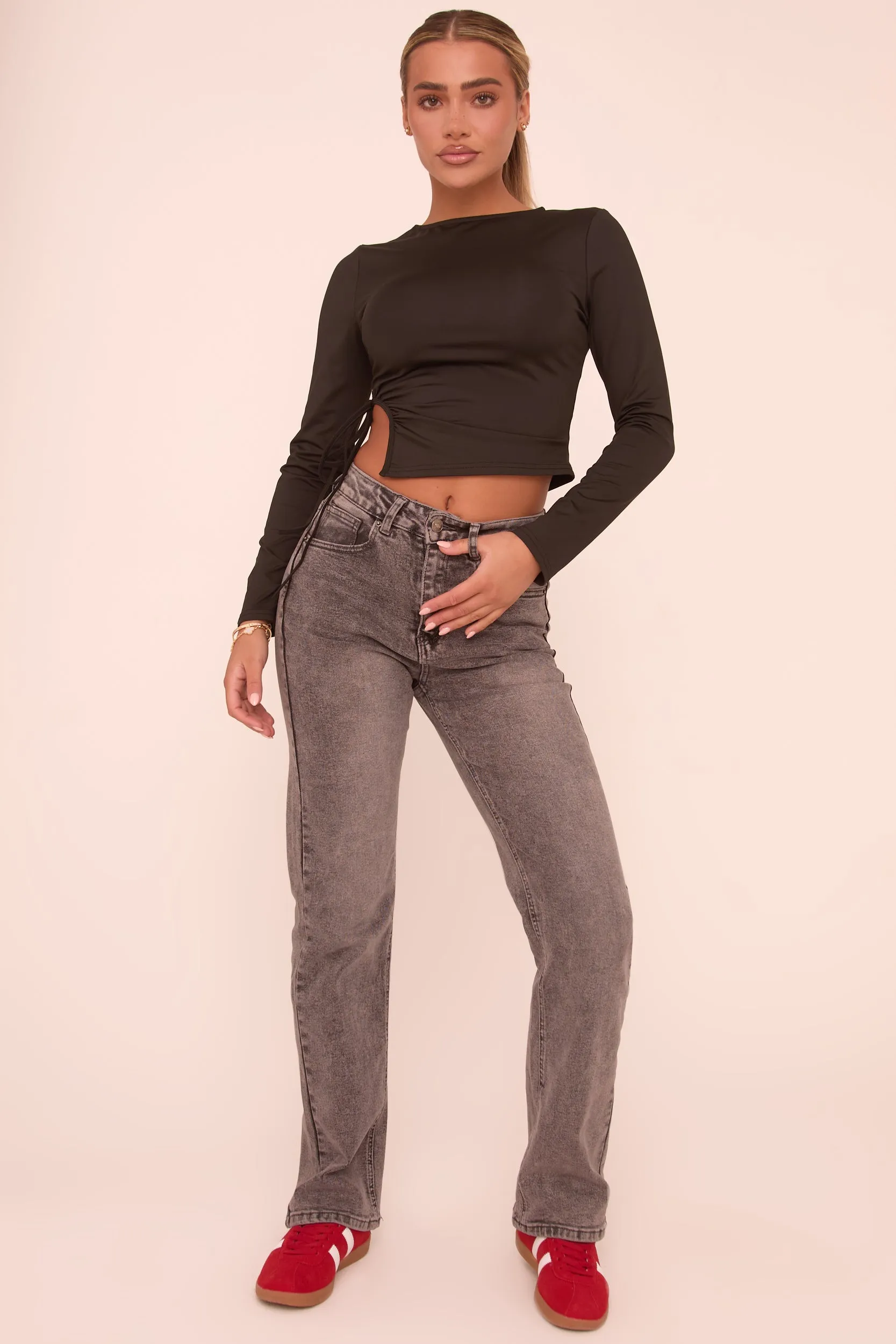 Grey Stretch Mid Waist Straight Leg Denim Jeans - Lorella