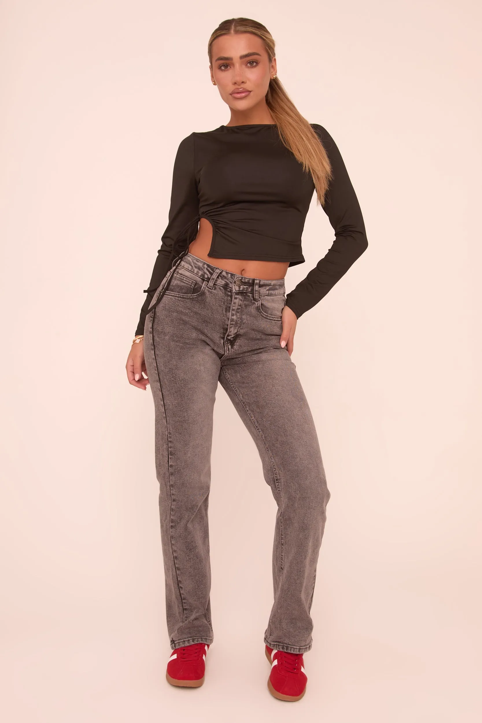 Grey Stretch Mid Waist Straight Leg Denim Jeans - Lorella