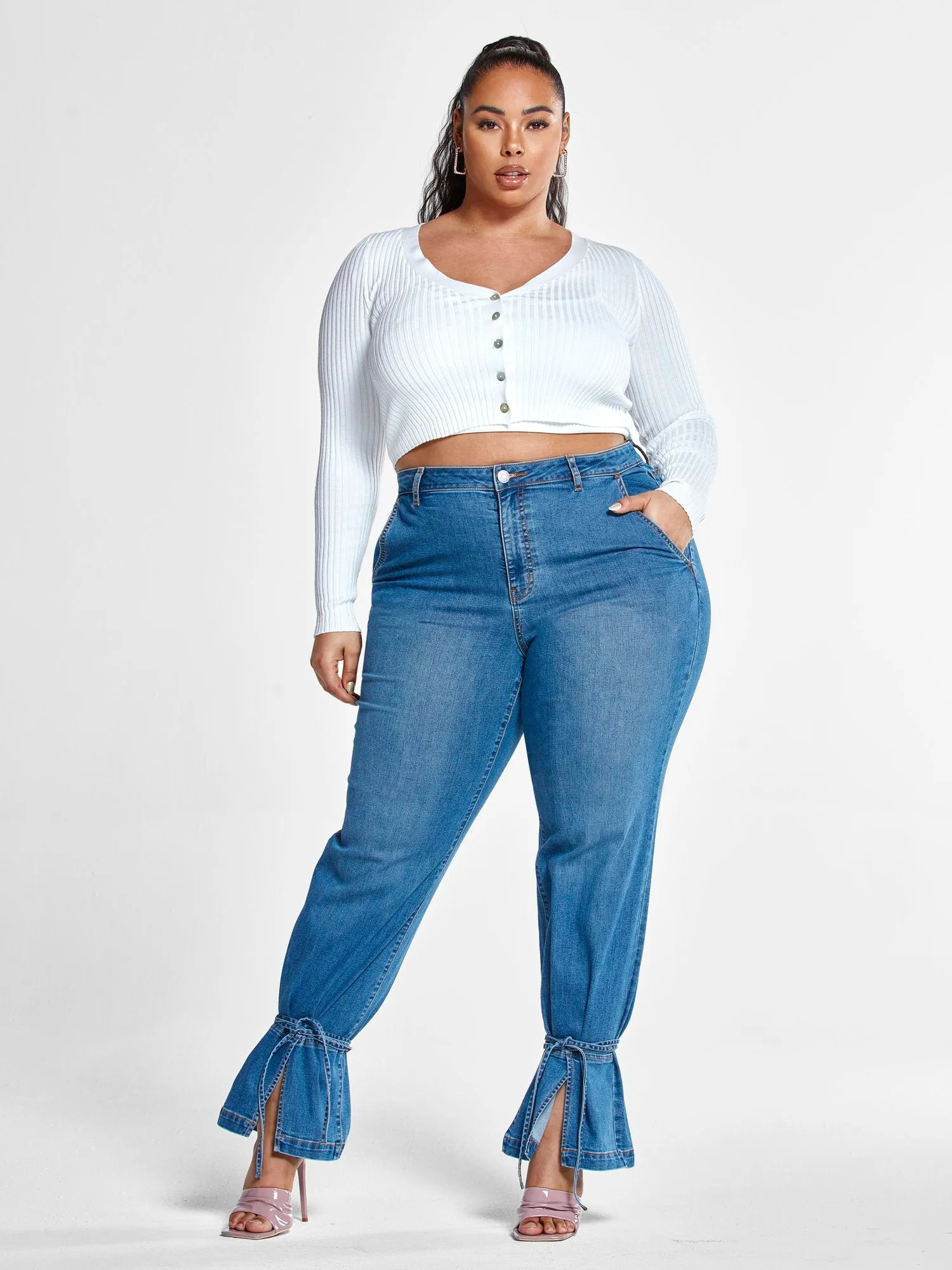 High Rise Straight Leg Jeans with Ankle Ties - Short Inseam