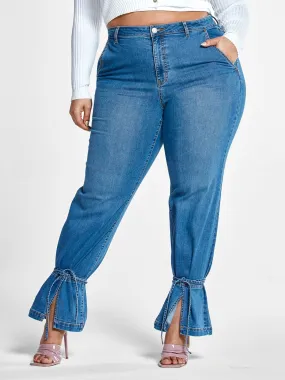 High Rise Straight Leg Jeans with Ankle Ties - Short Inseam